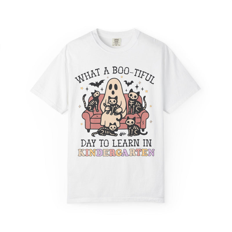 Kindergarten Halloween Teacher Tee Shirt with Cute Spooky Cats, Matching Teacher T-Shirt for Halloween, Nostalgic Halloween Funny Saying Tee - Opal and June