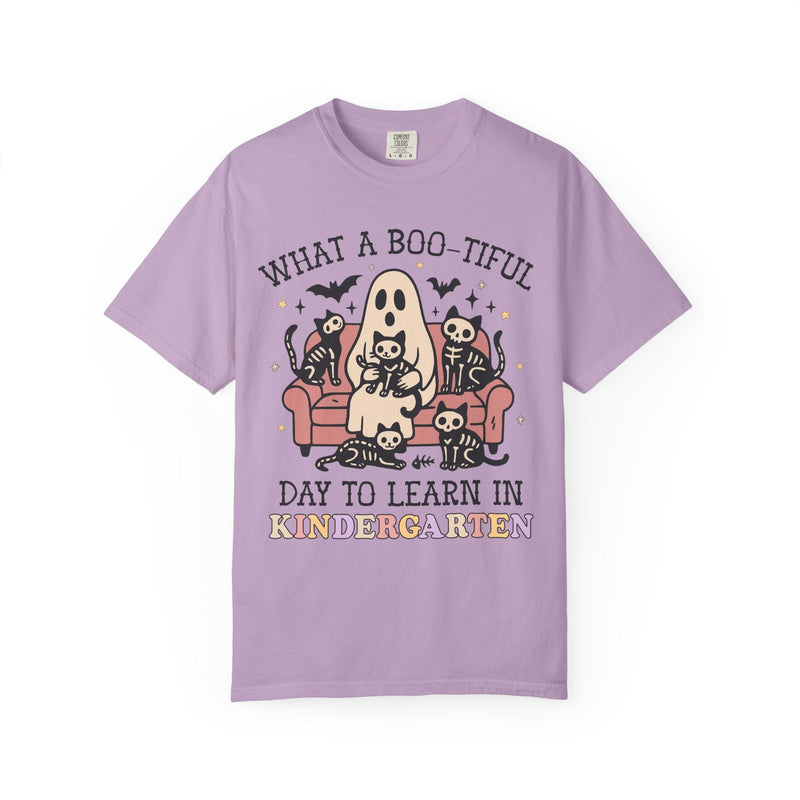 Kindergarten Halloween Teacher Tee Shirt with Cute Spooky Cats, Matching Teacher T-Shirt for Halloween, Nostalgic Halloween Funny Saying Tee - Opal and June