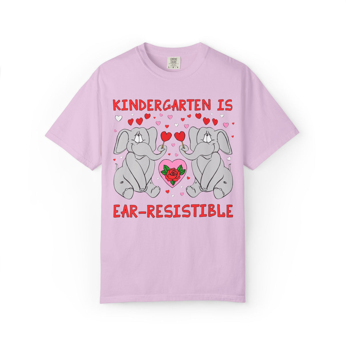 Kindergarten is Ear-Resistible! Valentine's Day Teacher Tee: Funny Animal Lover T-Shirt with Elephant and Hearts, Cute Matching Teacher Tee - Opal and June