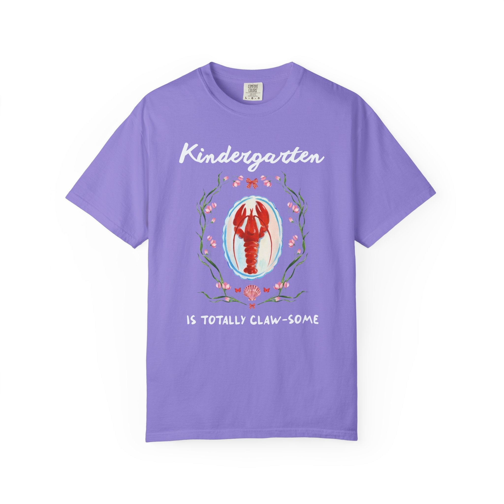 Kindergarten is Totally Clawsome: Lobster Teacher Tee Shirt with Flowers, Funny and Colorful Maximalist 90s Aesthetic Back to School T-Shirt - Opal and June