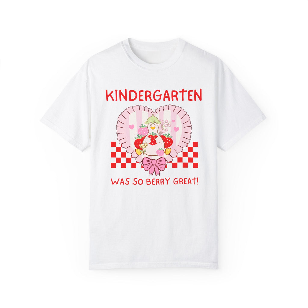 Kindergarten Last Day of School Teacher Tee Shirt with Silly Goose and Cottagecore Strawberries, Cute Matching Kindergarten Crew T-Shirt - Opal and June