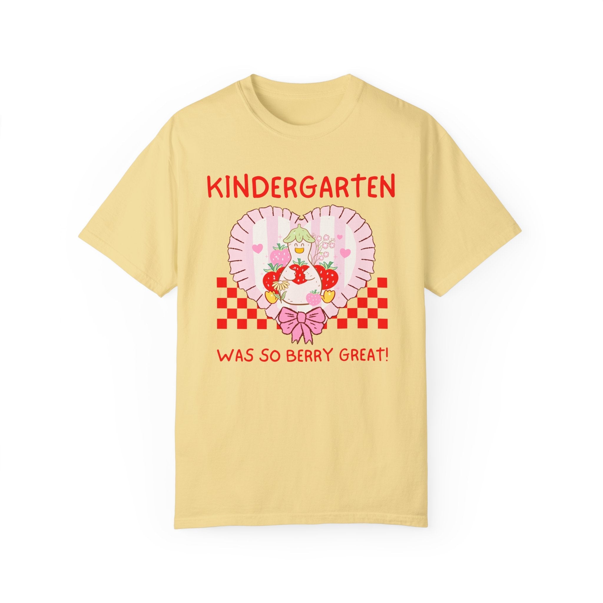 Kindergarten Last Day of School Teacher Tee Shirt with Silly Goose and Cottagecore Strawberries, Cute Matching Kindergarten Crew T-Shirt - Opal and June