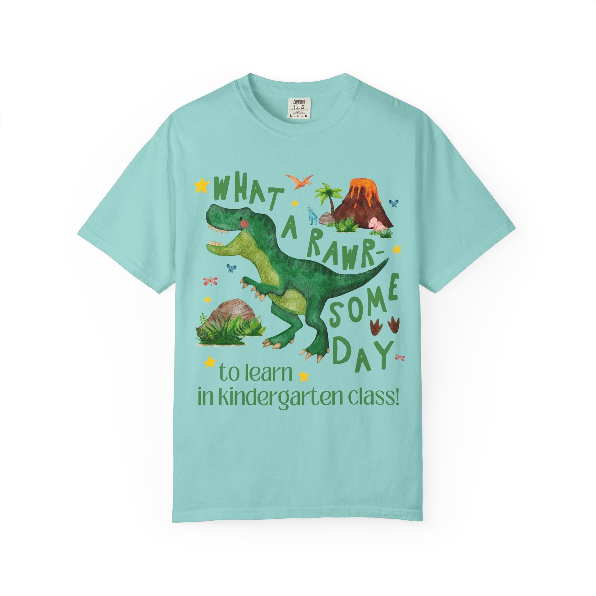 Kindergarten Teacher Dinosaur Lover Tee Shirt, Cute Matching Back to School Kindergarten Team or Crew T-Shirt with Stars, New Teacher Gift - Opal and June