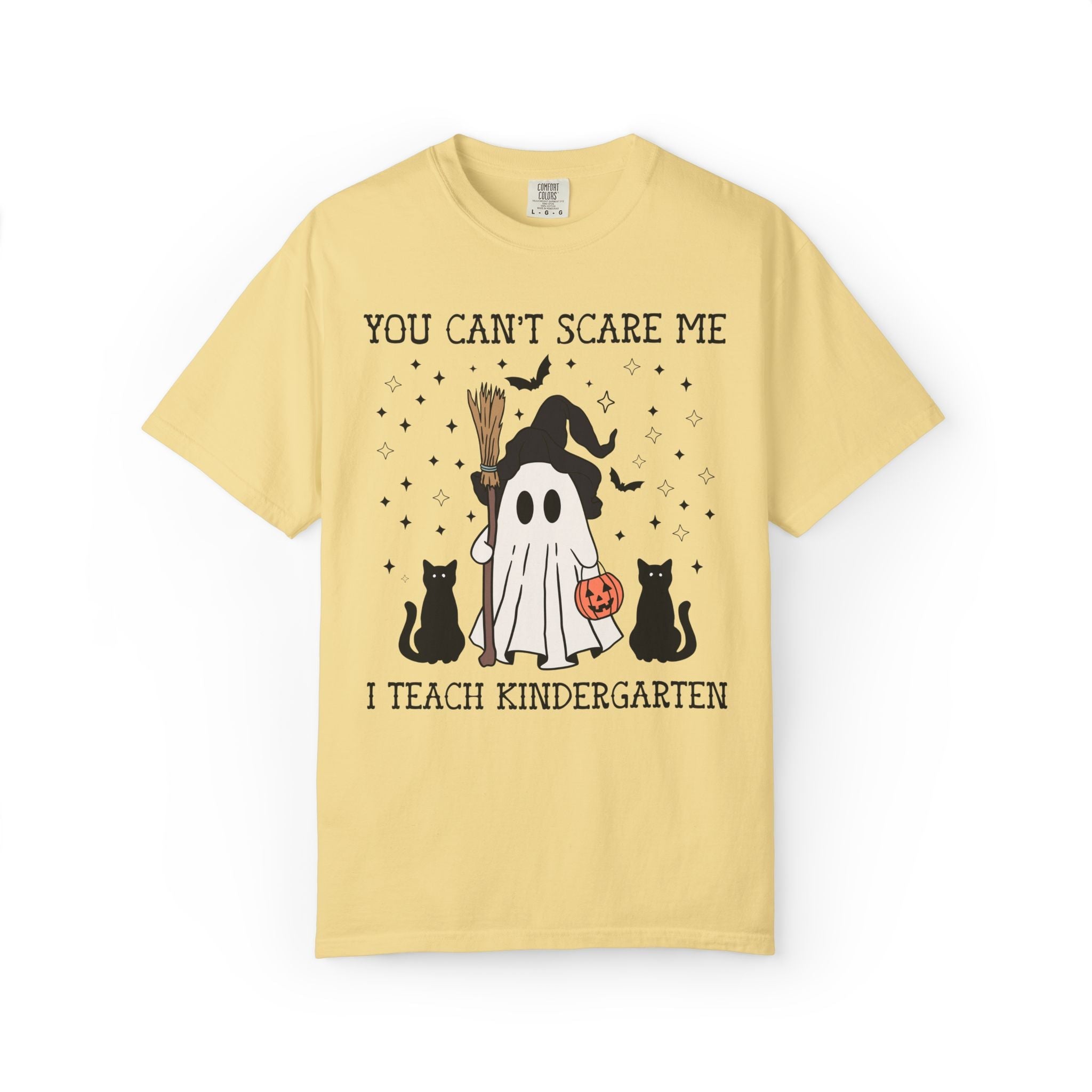 Kindergarten Teacher Halloween Tee Shirt with Witchy Ghost and Black Cats for Spooky Season: You Can't Scare Me, Kindergarten Team T-Shirt - Opal and June