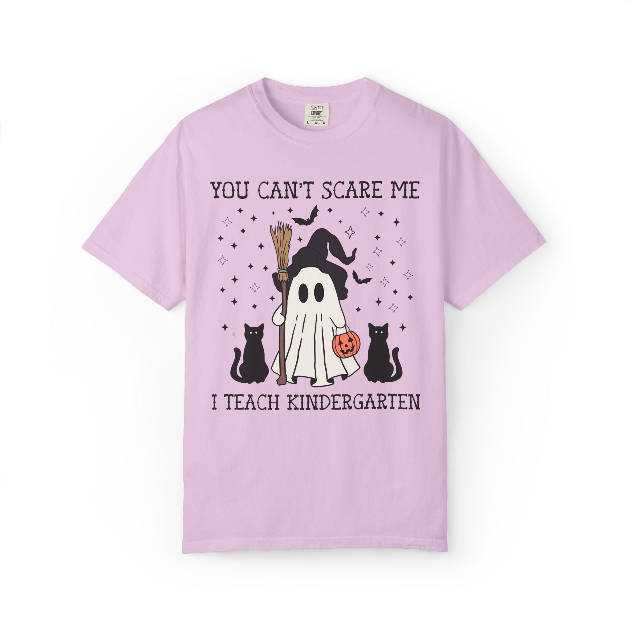 Kindergarten Teacher Halloween Tee Shirt with Witchy Ghost and Black Cats for Spooky Season: You Can't Scare Me, Kindergarten Team T-Shirt - Opal and June