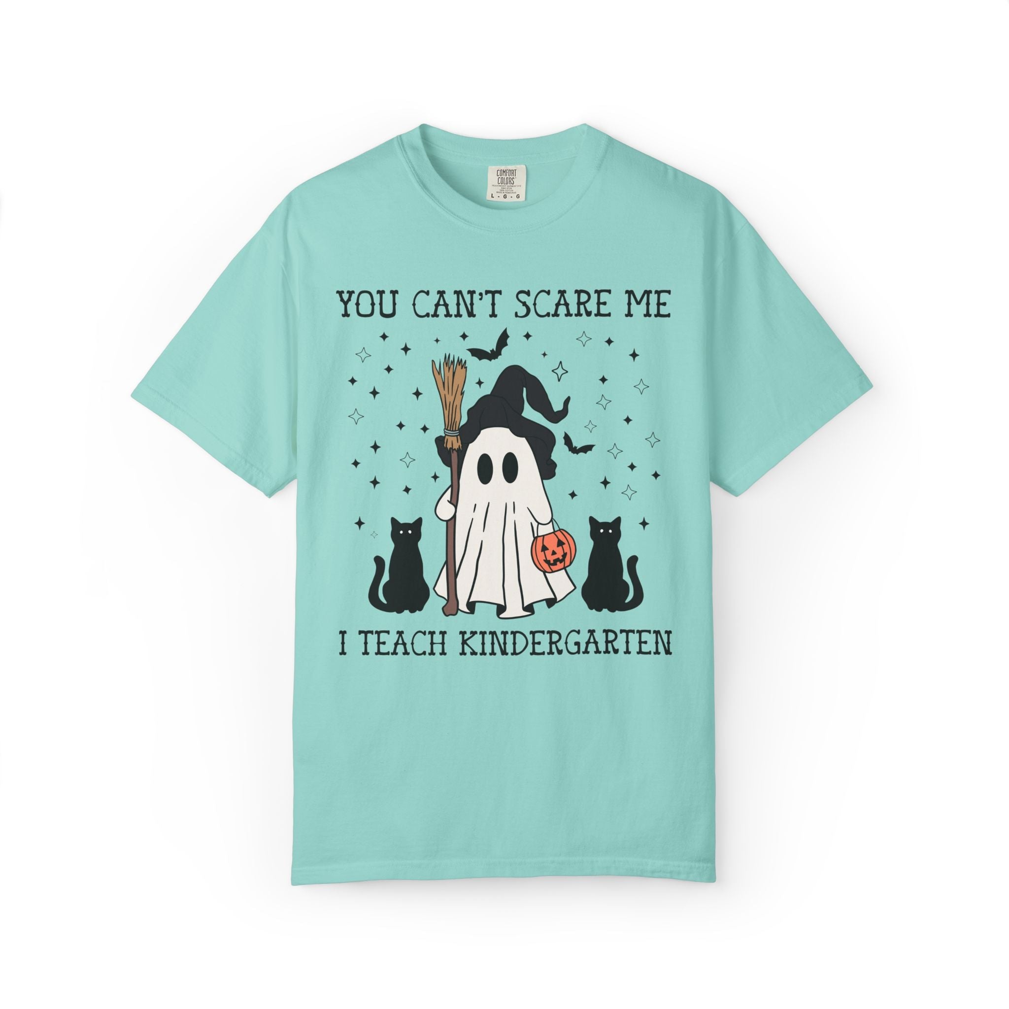 Kindergarten Teacher Halloween Tee Shirt with Witchy Ghost and Black Cats for Spooky Season: You Can't Scare Me, Kindergarten Team T-Shirt - Opal and June