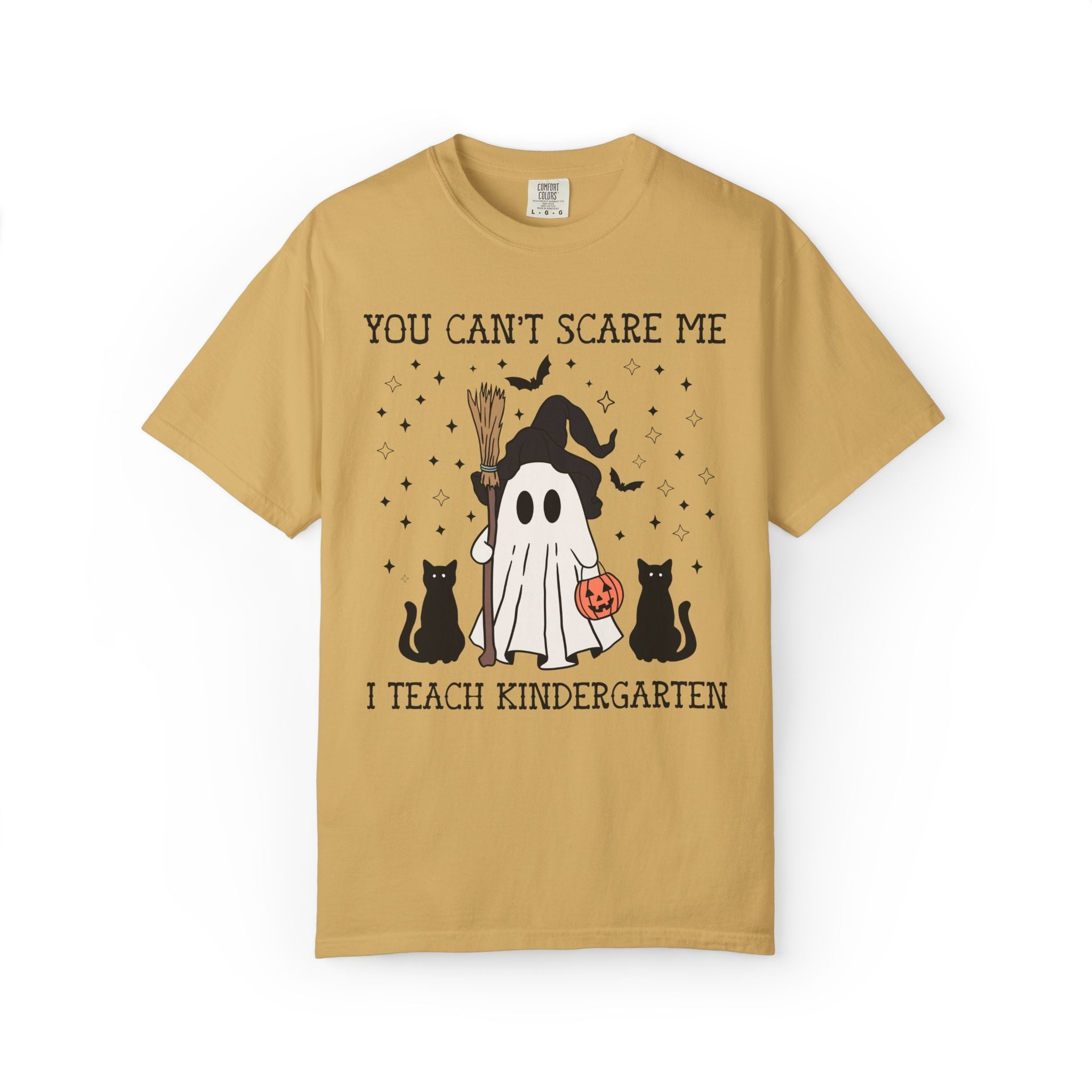 Kindergarten Teacher Halloween Tee Shirt with Witchy Ghost and Black Cats for Spooky Season: You Can't Scare Me, Kindergarten Team T-Shirt - Opal and June