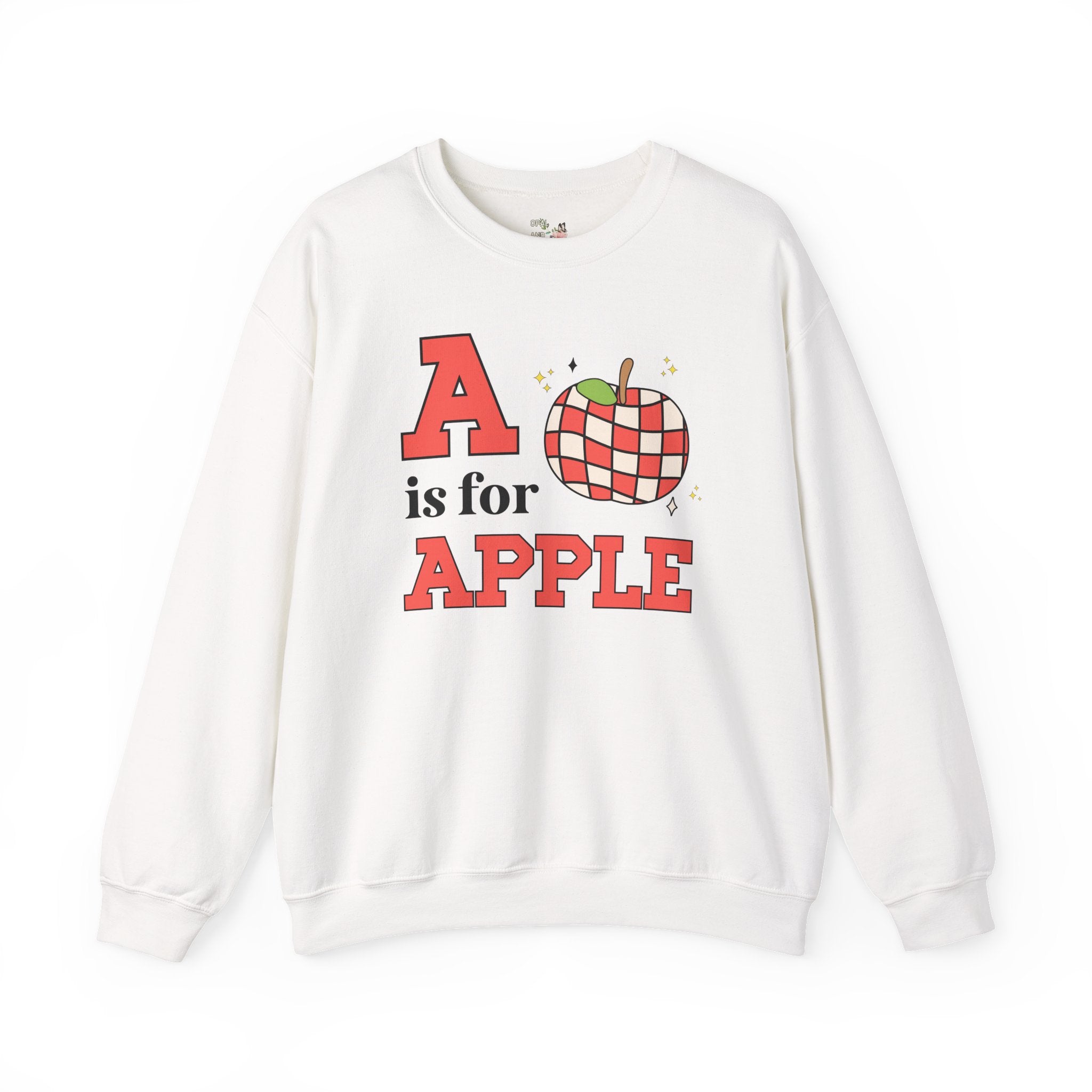 Kindergarten Teacher or Preschool Teacher Sweatshirt for Back to School, Learning the Alphabet A is for Apple, Matching Teacher Team Shirt - Opal and June