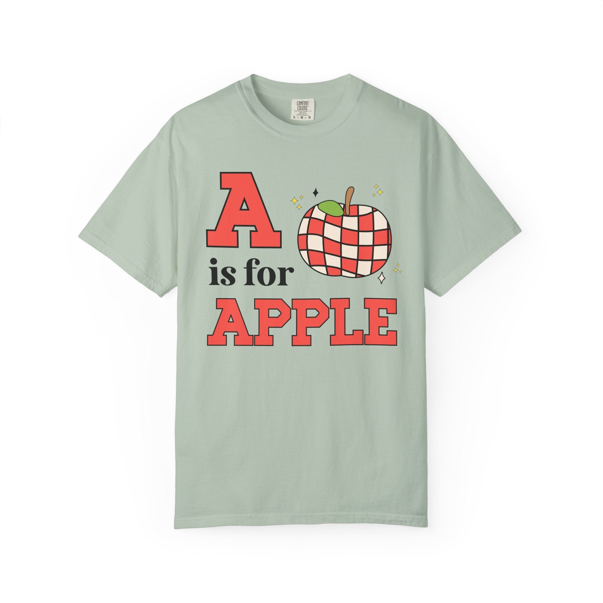 Kindergarten Teacher or Preschool Teacher T-Shirt for Back to School, Learning the Alphabet A is for Apple, Matching Teacher Team Shirt - Opal and June