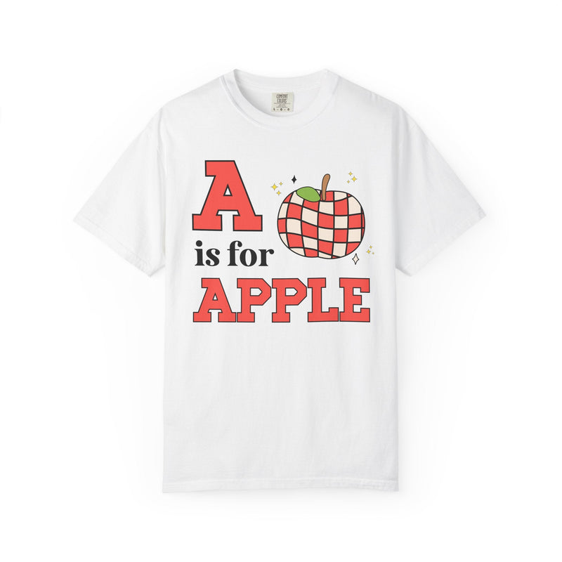 Kindergarten Teacher or Preschool Teacher T-Shirt for Back to School, Learning the Alphabet A is for Apple, Matching Teacher Team Shirt - Opal and June