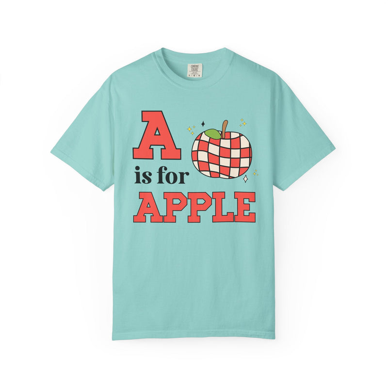 Kindergarten Teacher or Preschool Teacher T-Shirt for Back to School, Learning the Alphabet A is for Apple, Matching Teacher Team Shirt - Opal and June