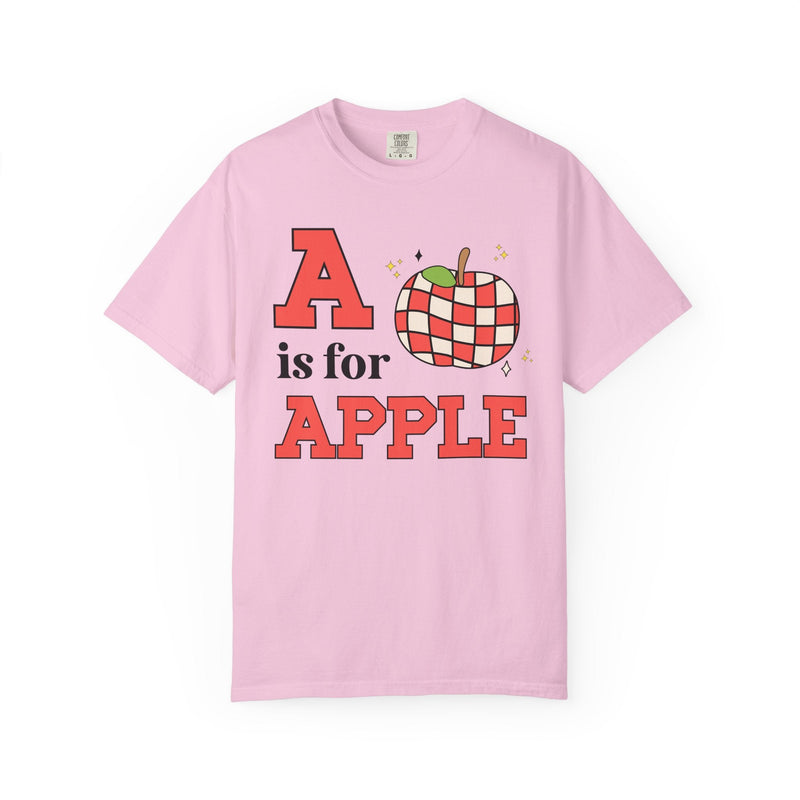 Kindergarten Teacher or Preschool Teacher T-Shirt for Back to School, Learning the Alphabet A is for Apple, Matching Teacher Team Shirt - Opal and June