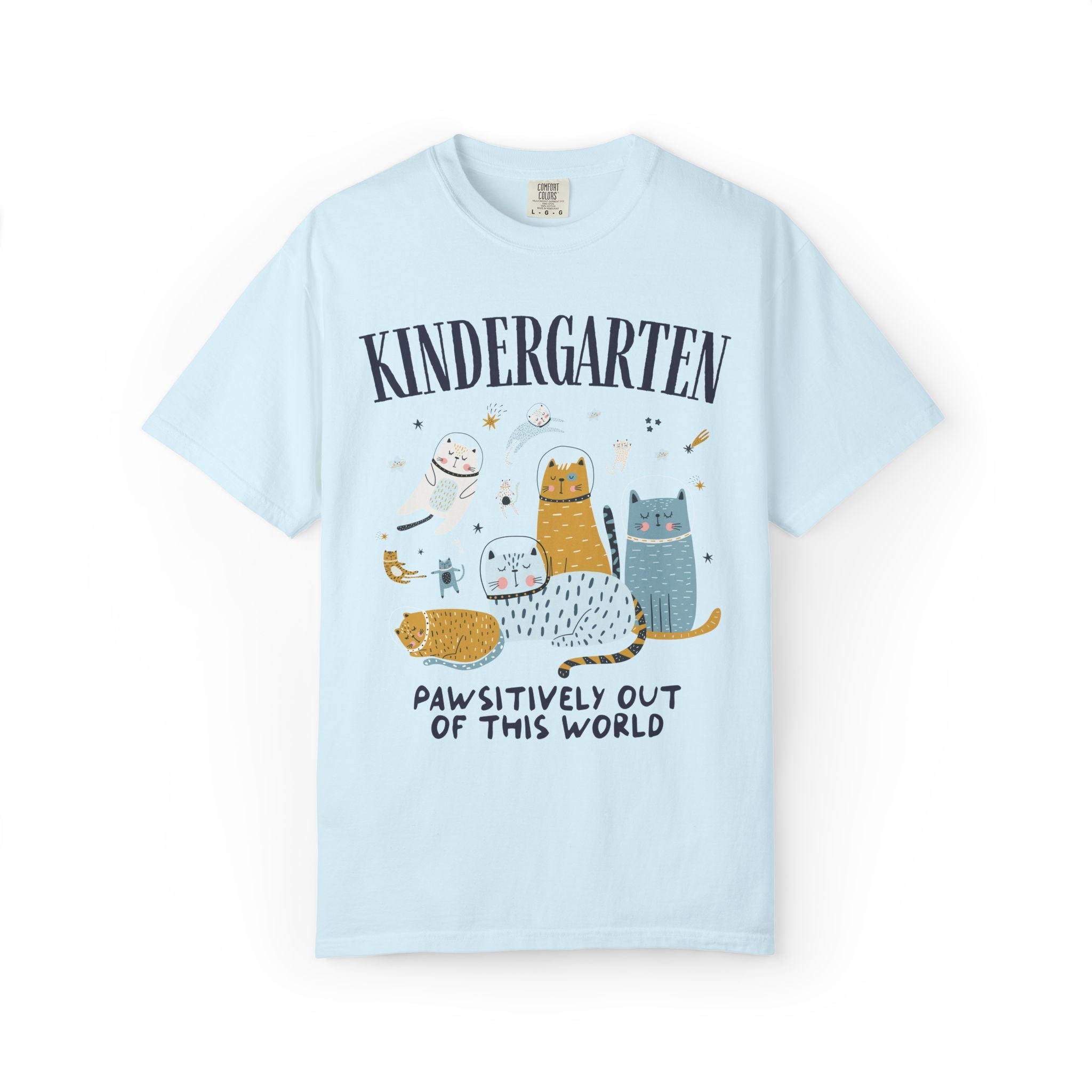 Kindergarten Teacher Space Cat Tee Shirt with Astronaut Kittens and Stars: Pawsitively Out of This World Teacher Team T-Shirt for Cat Lover - Opal and June