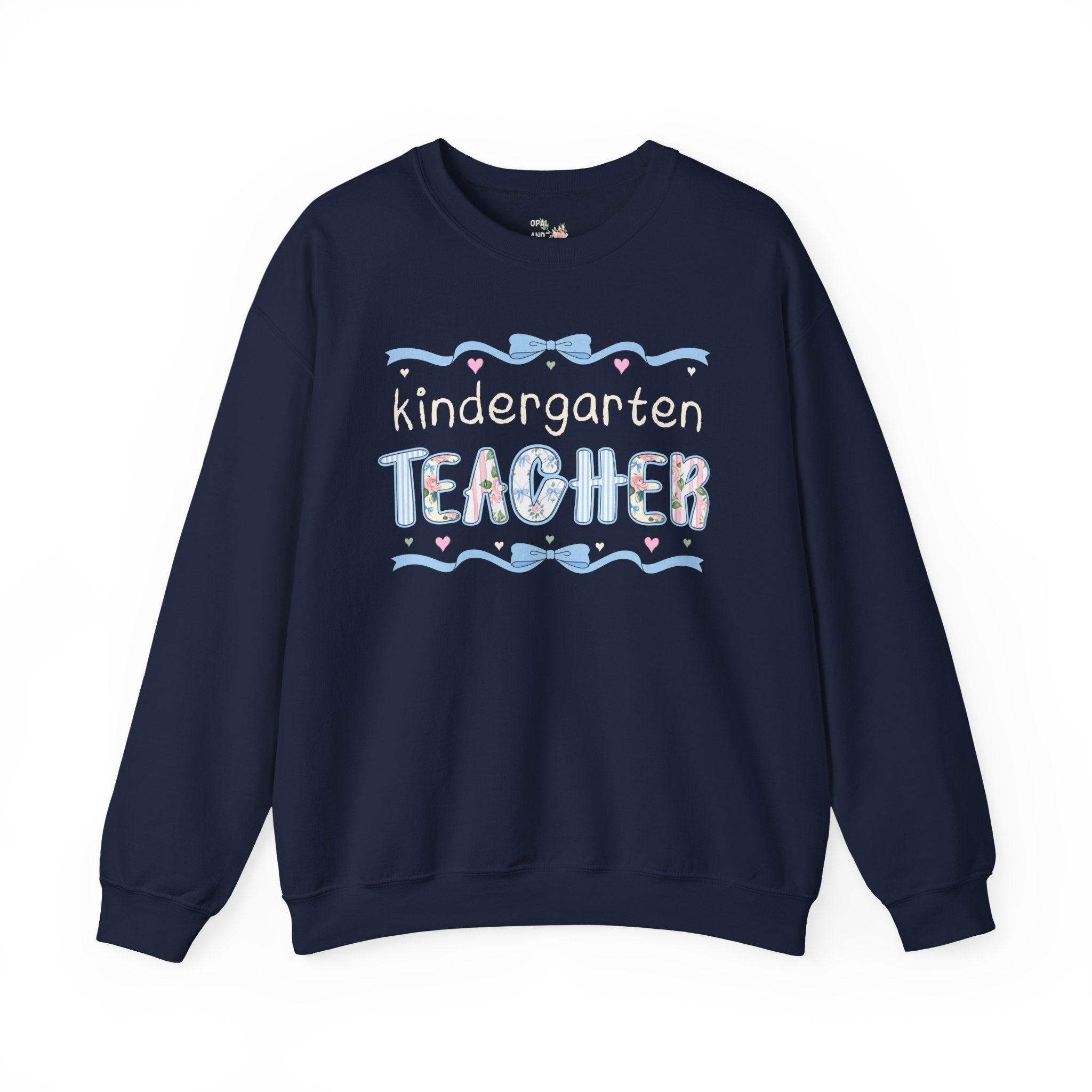 Kindergarten Teacher Sweatshirt, Back to School, Cute First Day of School Teacher Shirt with Bow, Boho 90s Aesthetic Teacher Team Crewneck - Opal and June