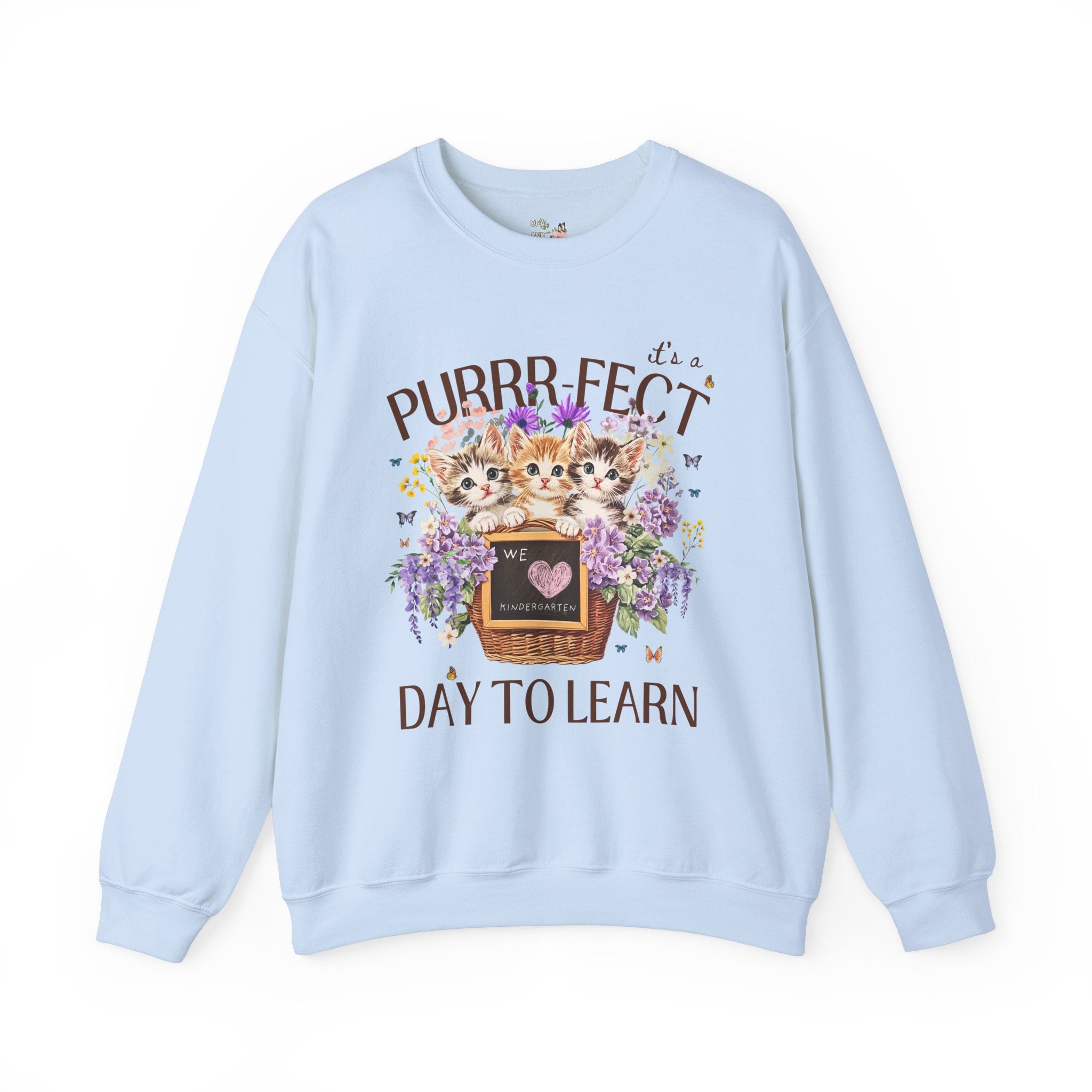 Kindergarten Teacher Sweatshirt for Kindergarten Crew Who Loves Cats: Purrr - fect Day to Learn, 90s Throwback Colorful Maximalist Animal Gift - Opal and June