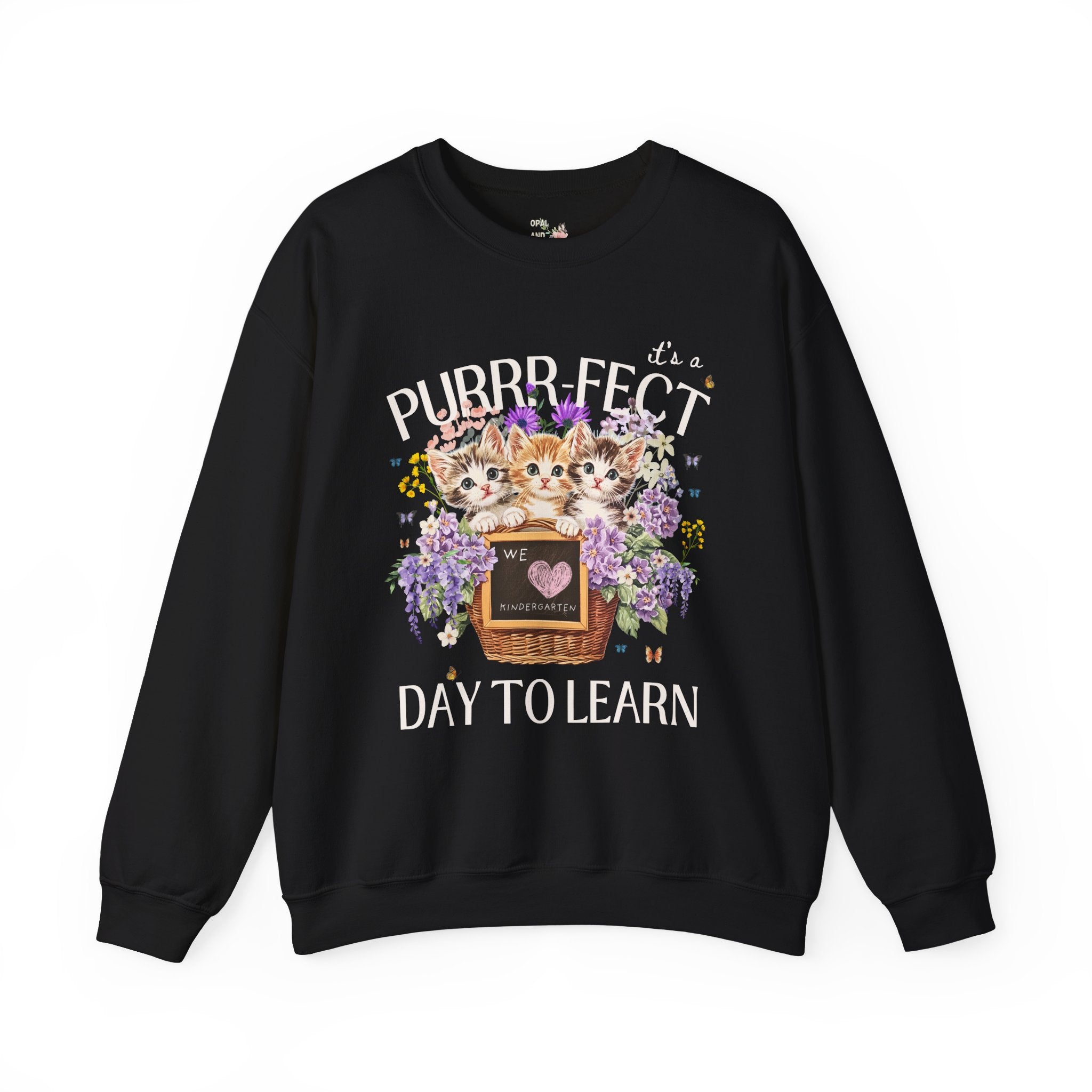 Kindergarten Teacher Sweatshirt for Kindergarten Crew Who Loves Cats: Purrr - fect Day to Learn, 90s Throwback Colorful Maximalist Animal Gift - Opal and June