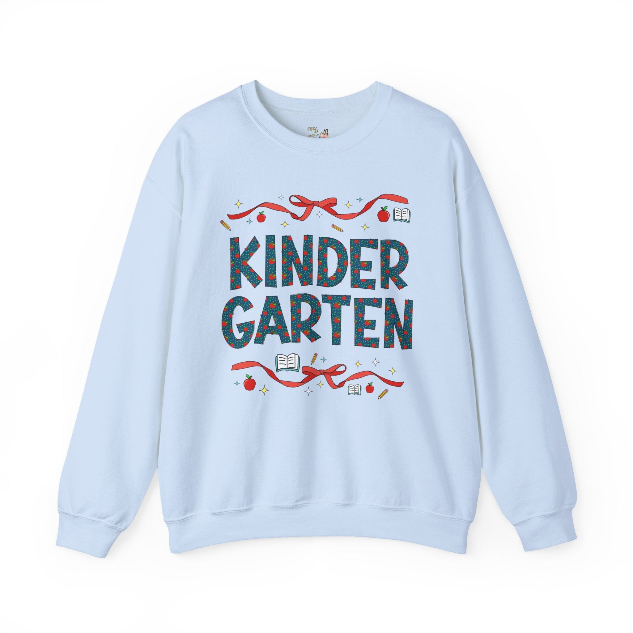 Kindergarten Teacher Sweatshirt with Cute Bows and Retro Apples, Teacher Team Crewneck for Back to School, First Day of School Matching Tee - Opal and June