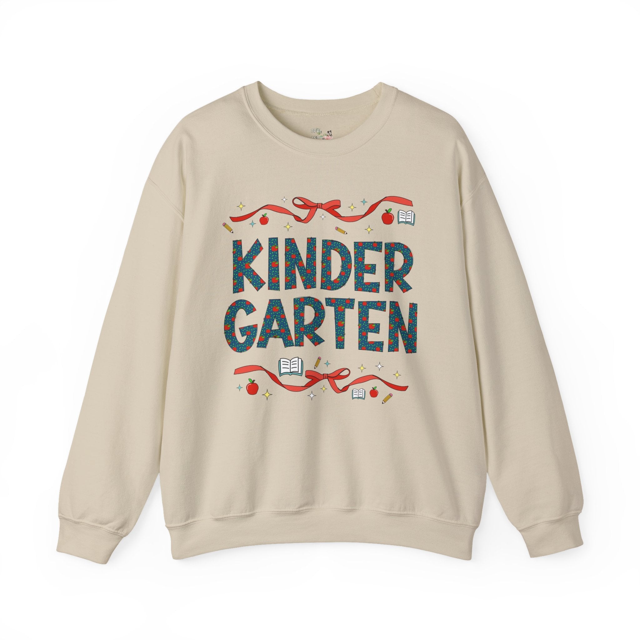Kindergarten Teacher Sweatshirt with Cute Bows and Retro Apples, Teacher Team Crewneck for Back to School, First Day of School Matching Tee - Opal and June