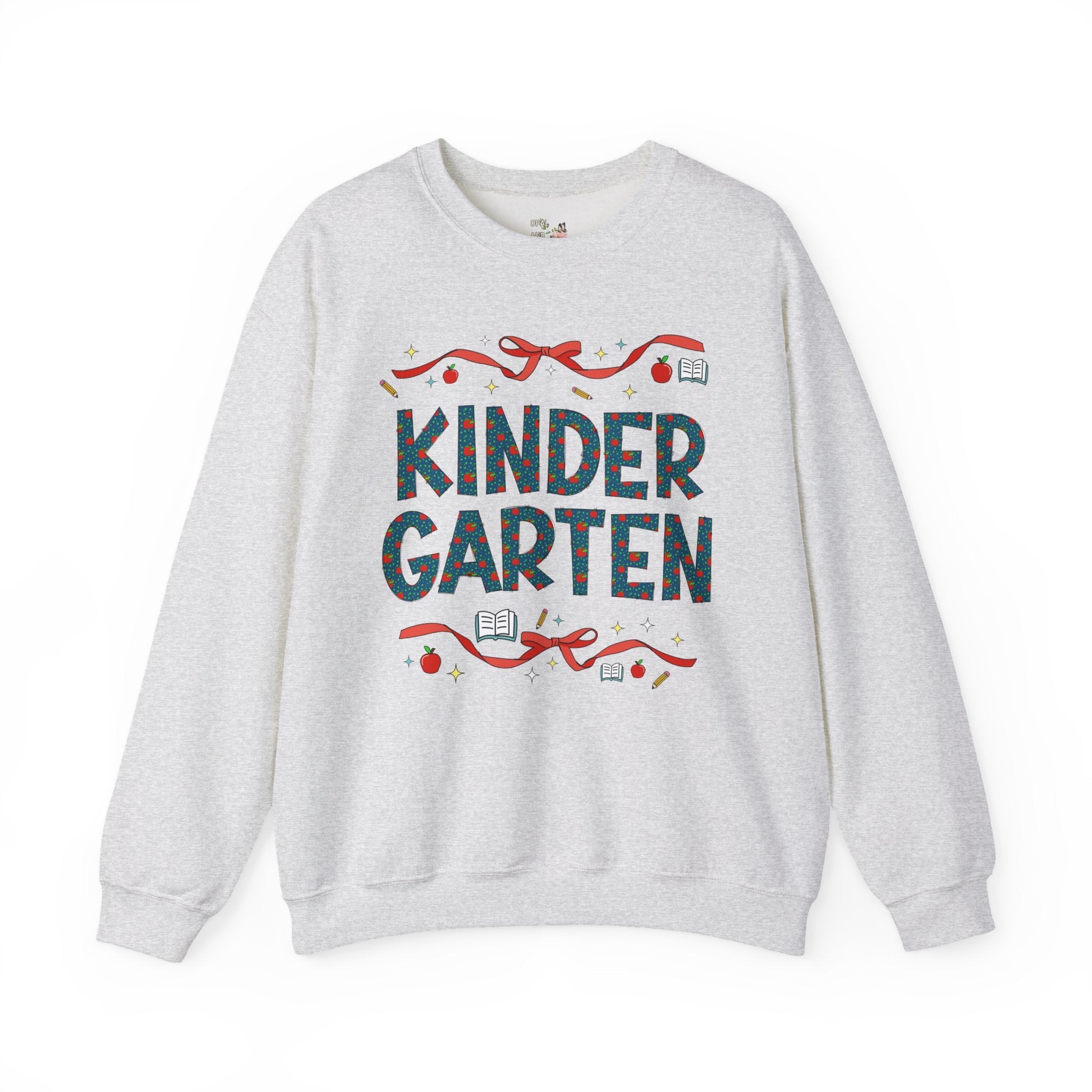 Kindergarten Teacher Sweatshirt with Cute Bows and Retro Apples, Teacher Team Crewneck for Back to School, First Day of School Matching Tee - Opal and June