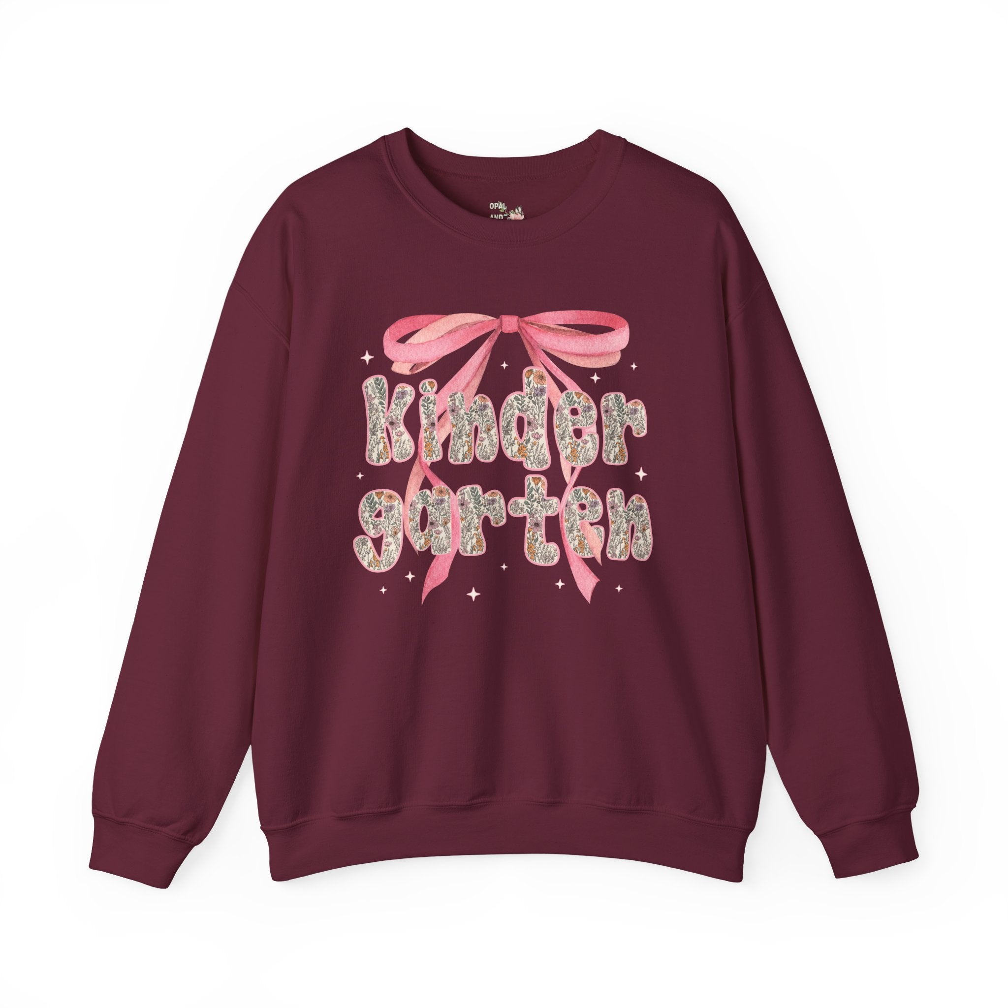 Kindergarten Teacher Sweatshirt with Cute Pink Bow, Teacher Team Crewneck for Back to School, Fairycore Floral Matching First Day of School - Opal and June
