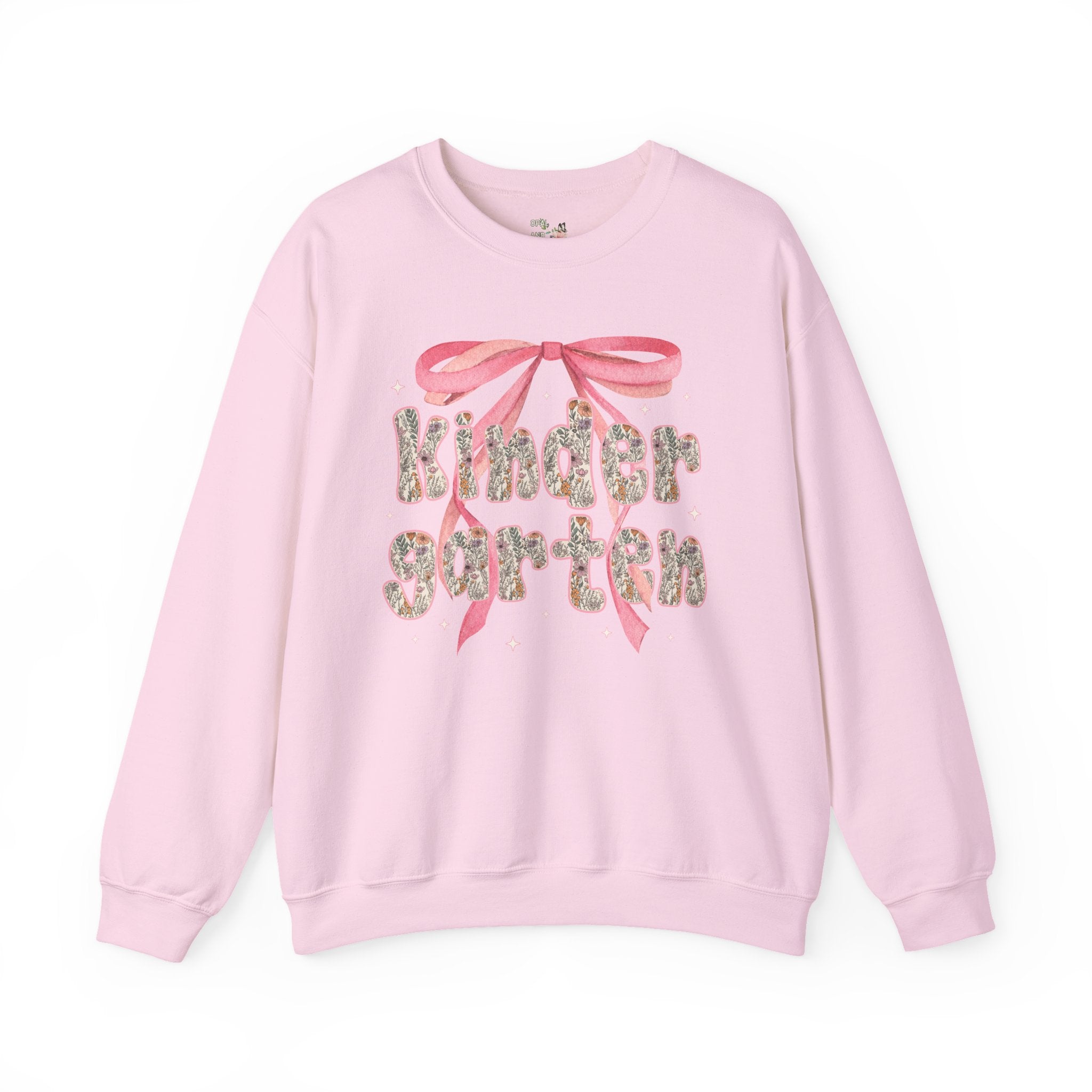 Kindergarten Teacher Sweatshirt with Cute Pink Bow, Teacher Team Crewneck for Back to School, Fairycore Floral Matching First Day of School - Opal and June
