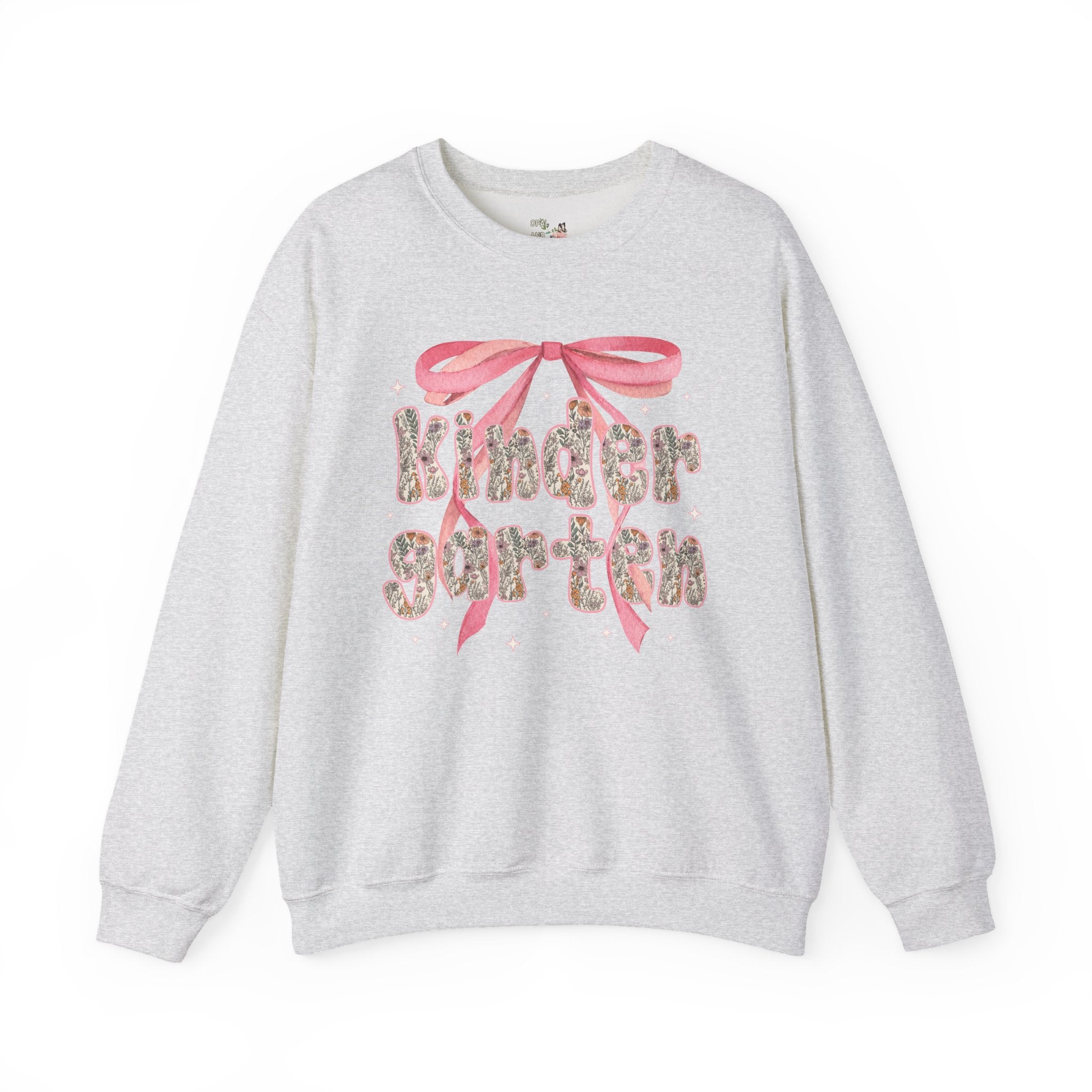 Kindergarten Teacher Sweatshirt with Cute Pink Bow, Teacher Team Crewneck for Back to School, Fairycore Floral Matching First Day of School - Opal and June