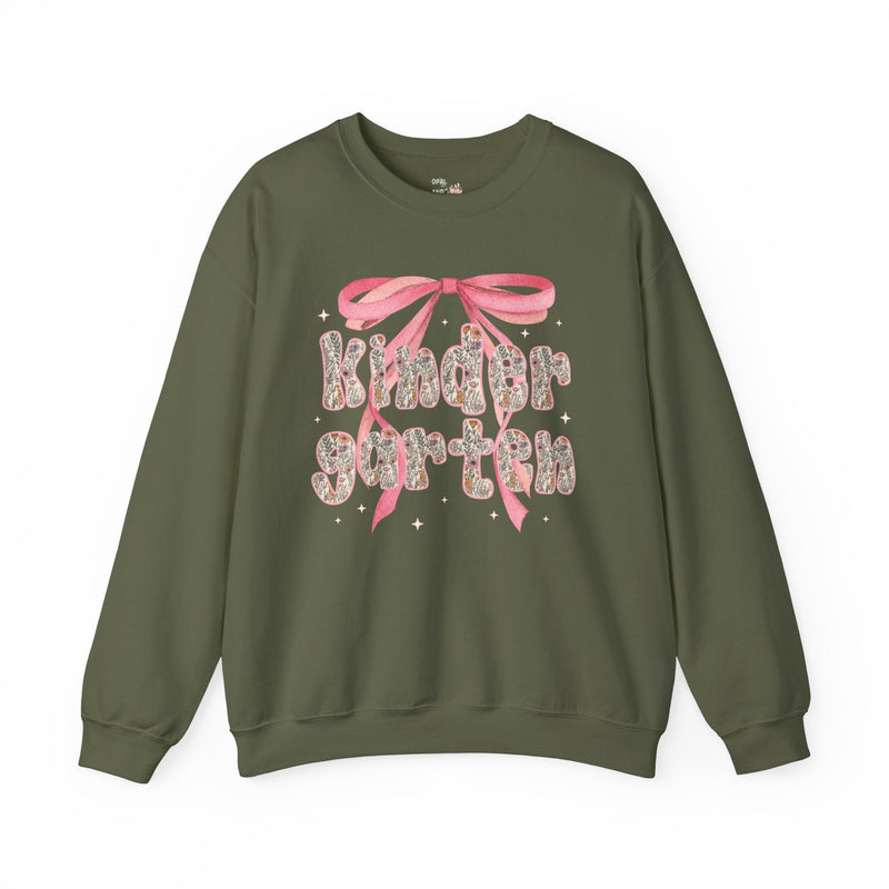Kindergarten Teacher Sweatshirt with Cute Pink Bow, Teacher Team Crewneck for Back to School, Fairycore Floral Matching First Day of School - Opal and June
