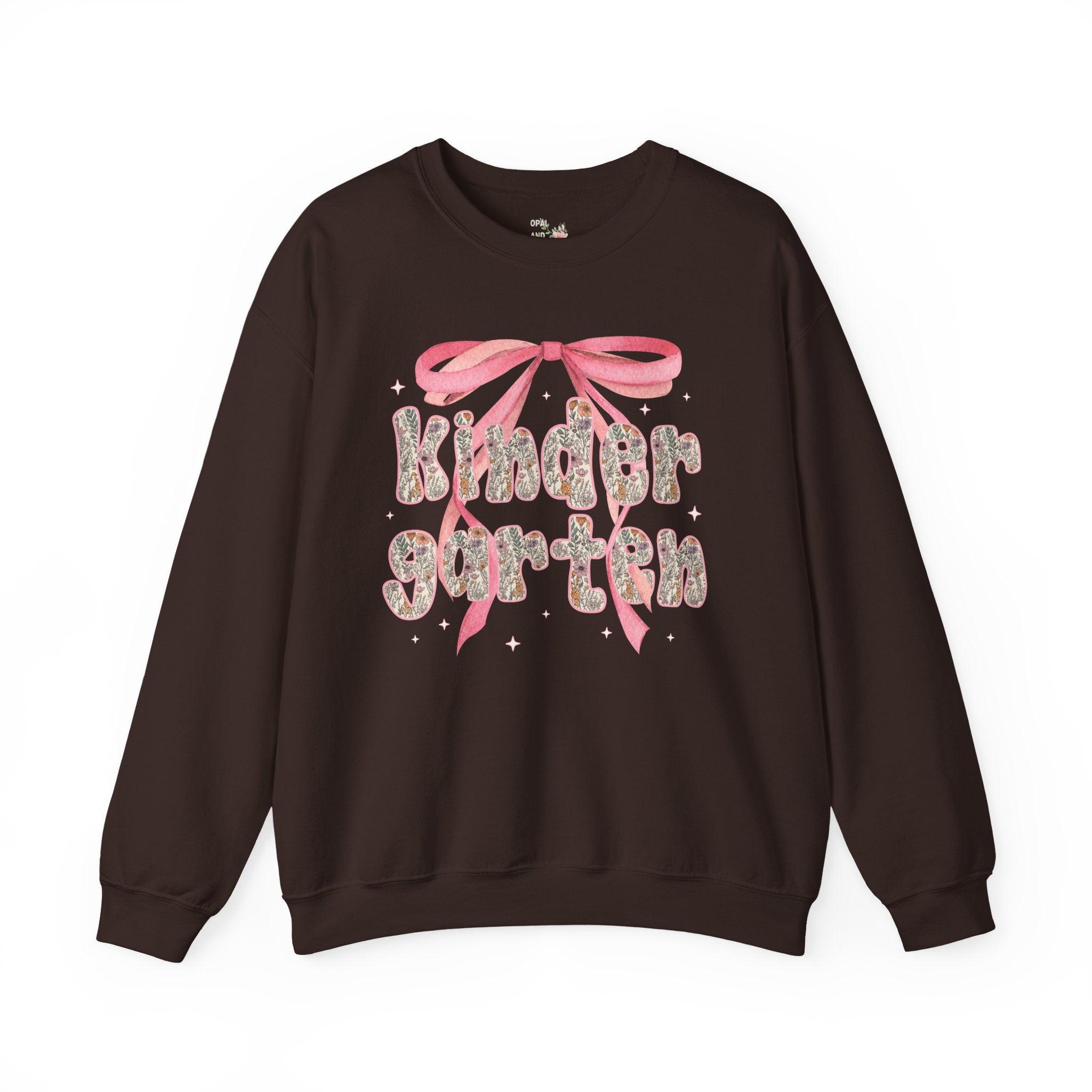 Kindergarten Teacher Sweatshirt with Cute Pink Bow, Teacher Team Crewneck for Back to School, Fairycore Floral Matching First Day of School - Opal and June