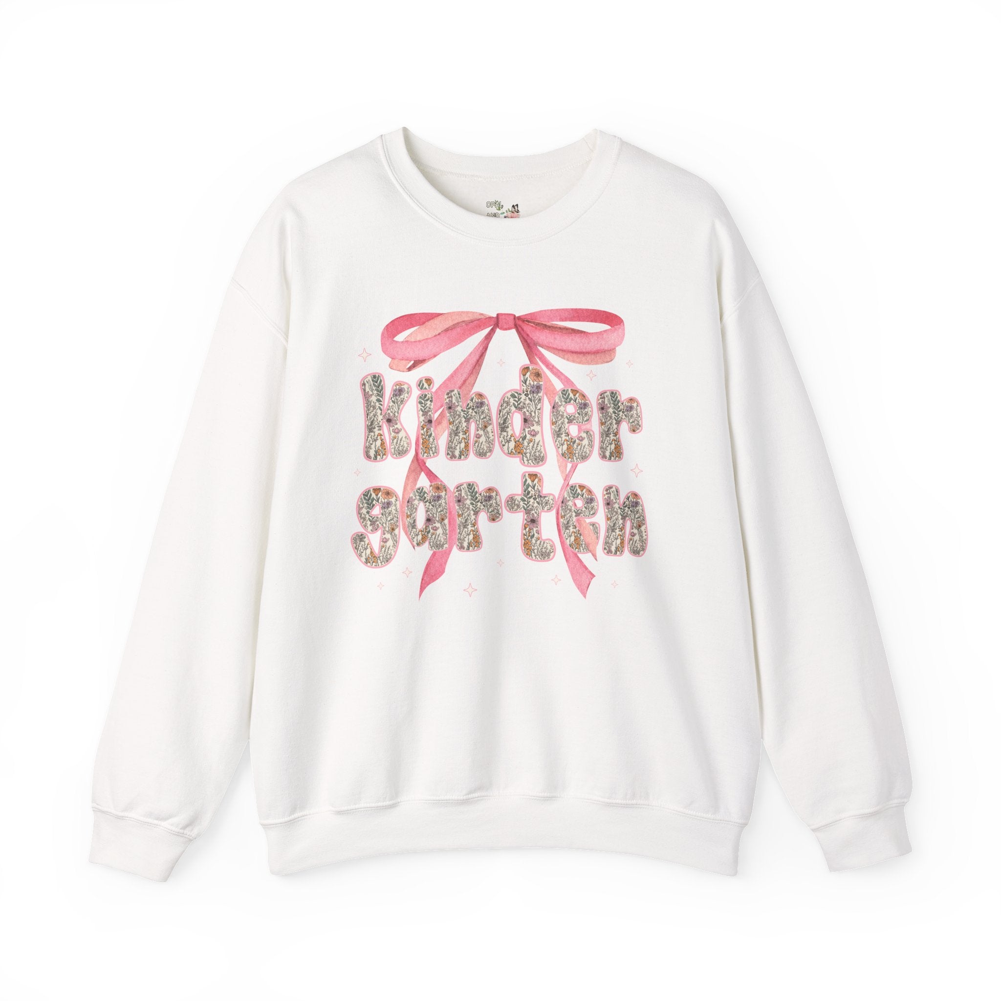 Kindergarten Teacher Sweatshirt with Cute Pink Bow, Teacher Team Crewneck for Back to School, Fairycore Floral Matching First Day of School - Opal and June