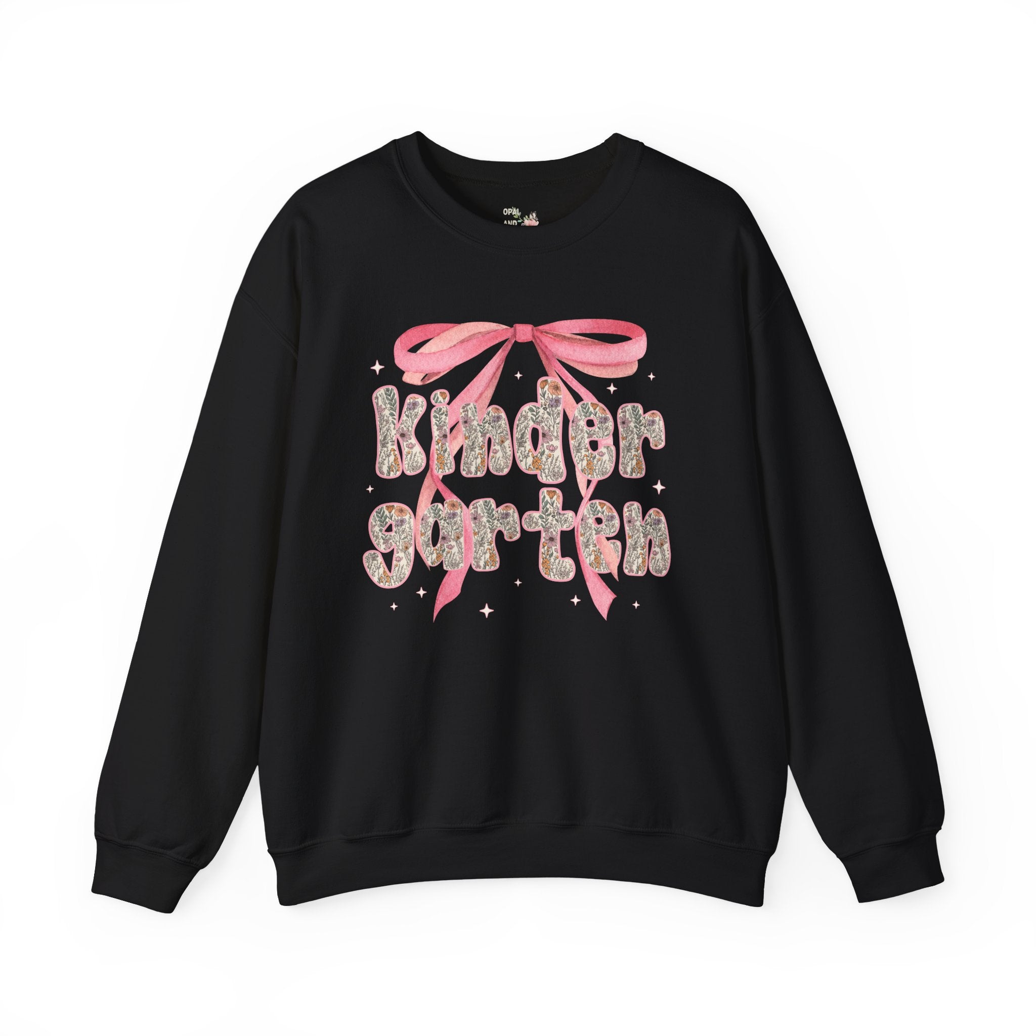 Kindergarten Teacher Sweatshirt with Cute Pink Bow, Teacher Team Crewneck for Back to School, Fairycore Floral Matching First Day of School - Opal and June