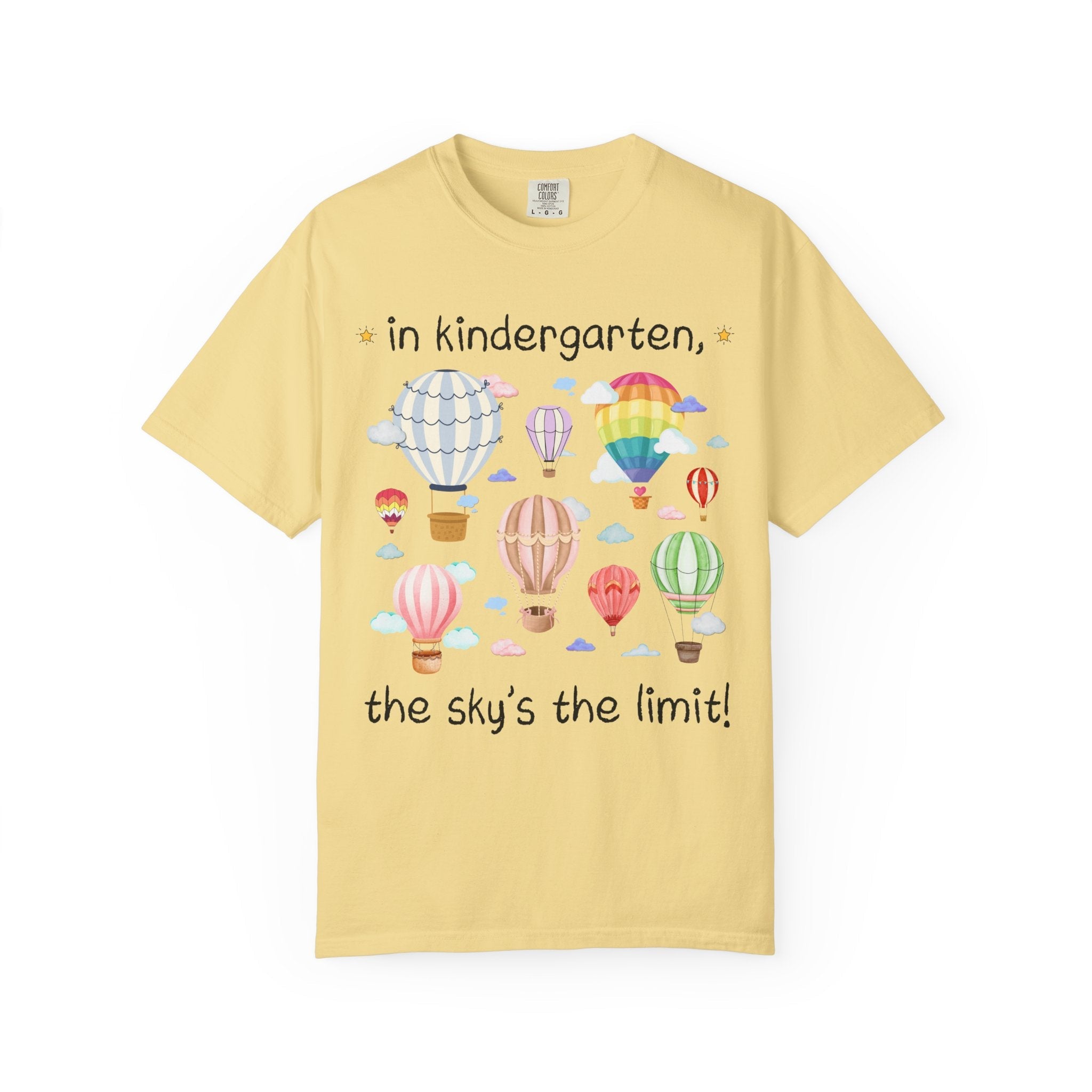 Kindergarten Teacher T-Shirt with Cute Retro Hot Air Balloons, Uplifting Colorful Maximalist Back to School Matching Teacher Tee with Clouds - Opal and June