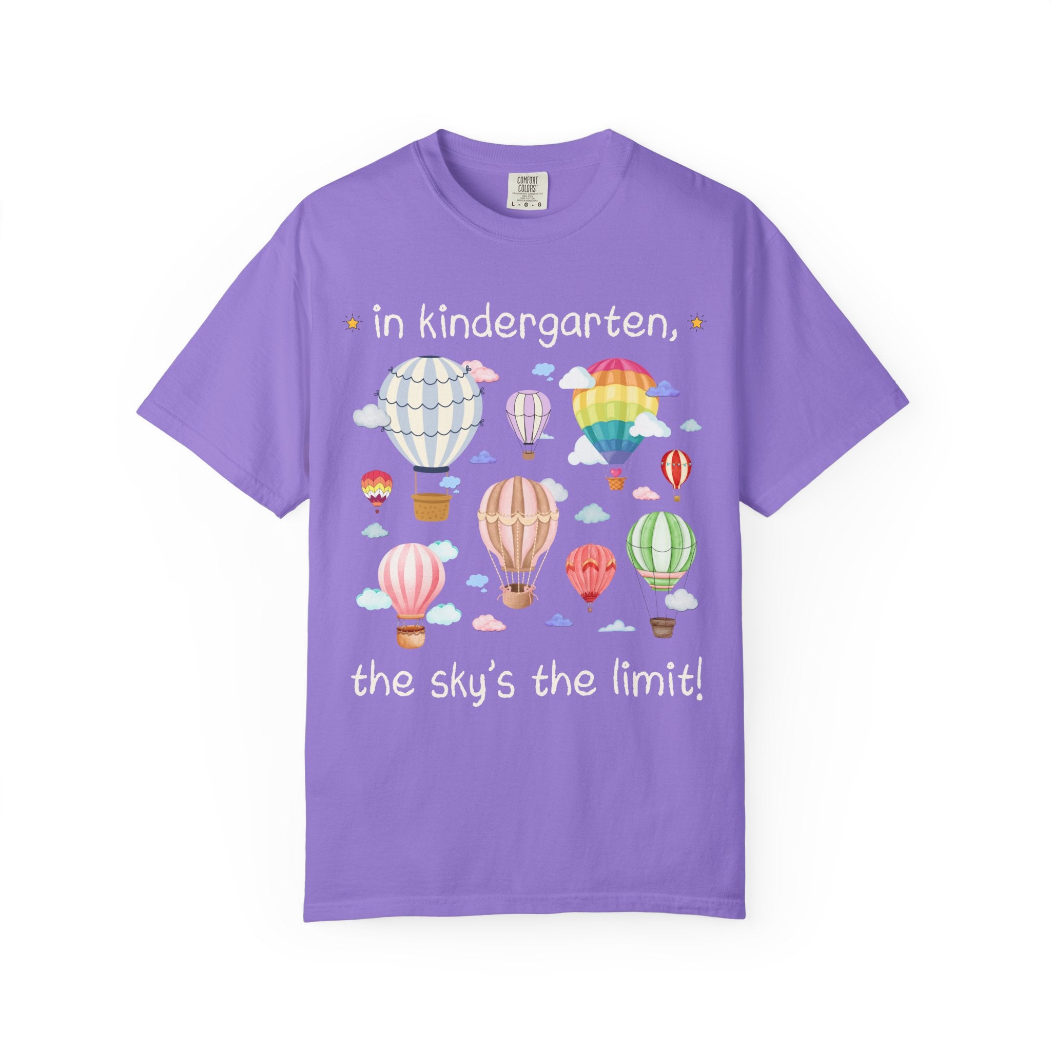 Kindergarten Teacher T-Shirt with Cute Retro Hot Air Balloons, Uplifting Colorful Maximalist Back to School Matching Teacher Tee with Clouds - Opal and June