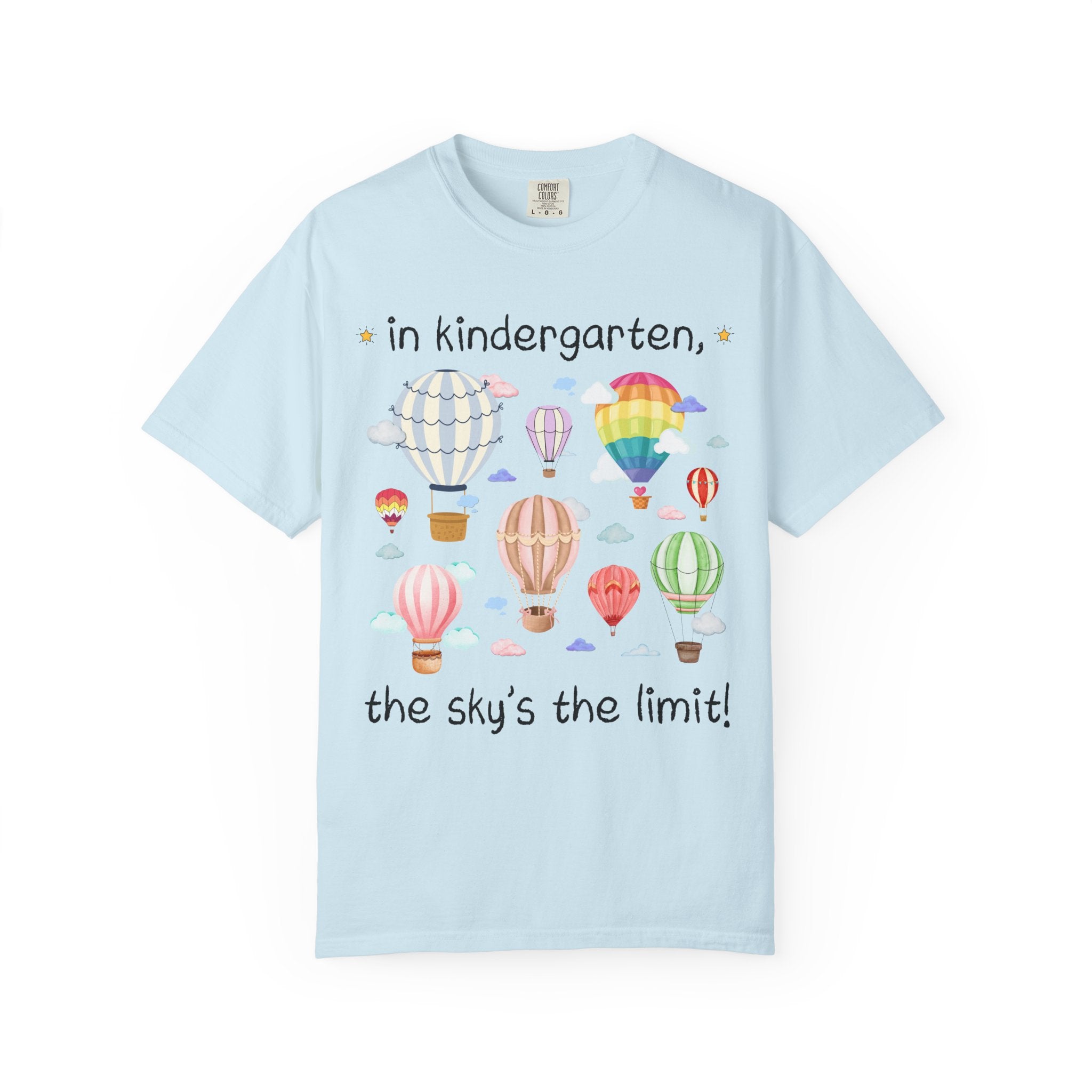 Kindergarten Teacher T-Shirt with Cute Retro Hot Air Balloons, Uplifting Colorful Maximalist Back to School Matching Teacher Tee with Clouds - Opal and June