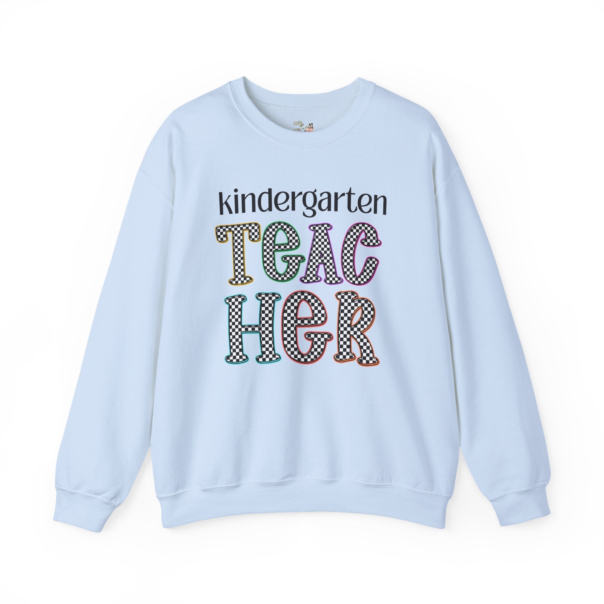 Kindergarten Teacher Team Sweatshirt for Back to School, Cute First Day of School Teacher Shirt with Retro Groovy Vibe, Matching Teacher Tee - Opal and June