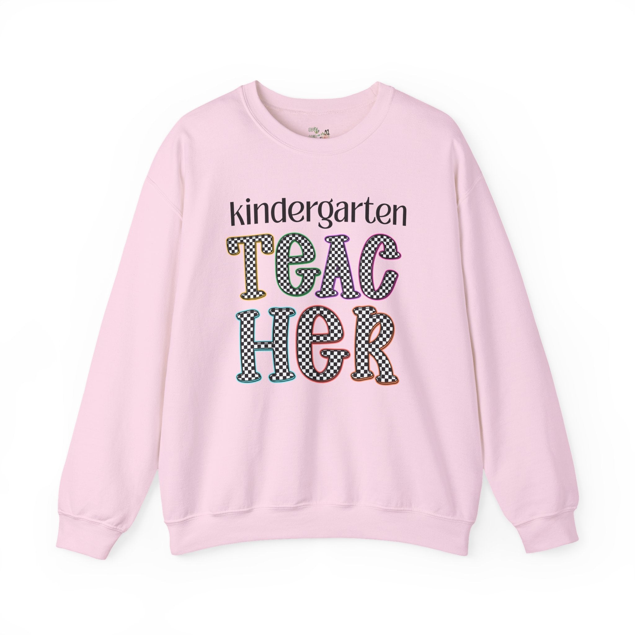 Kindergarten Teacher Team Sweatshirt for Back to School, Cute First Day of School Teacher Shirt with Retro Groovy Vibe, Matching Teacher Tee - Opal and June