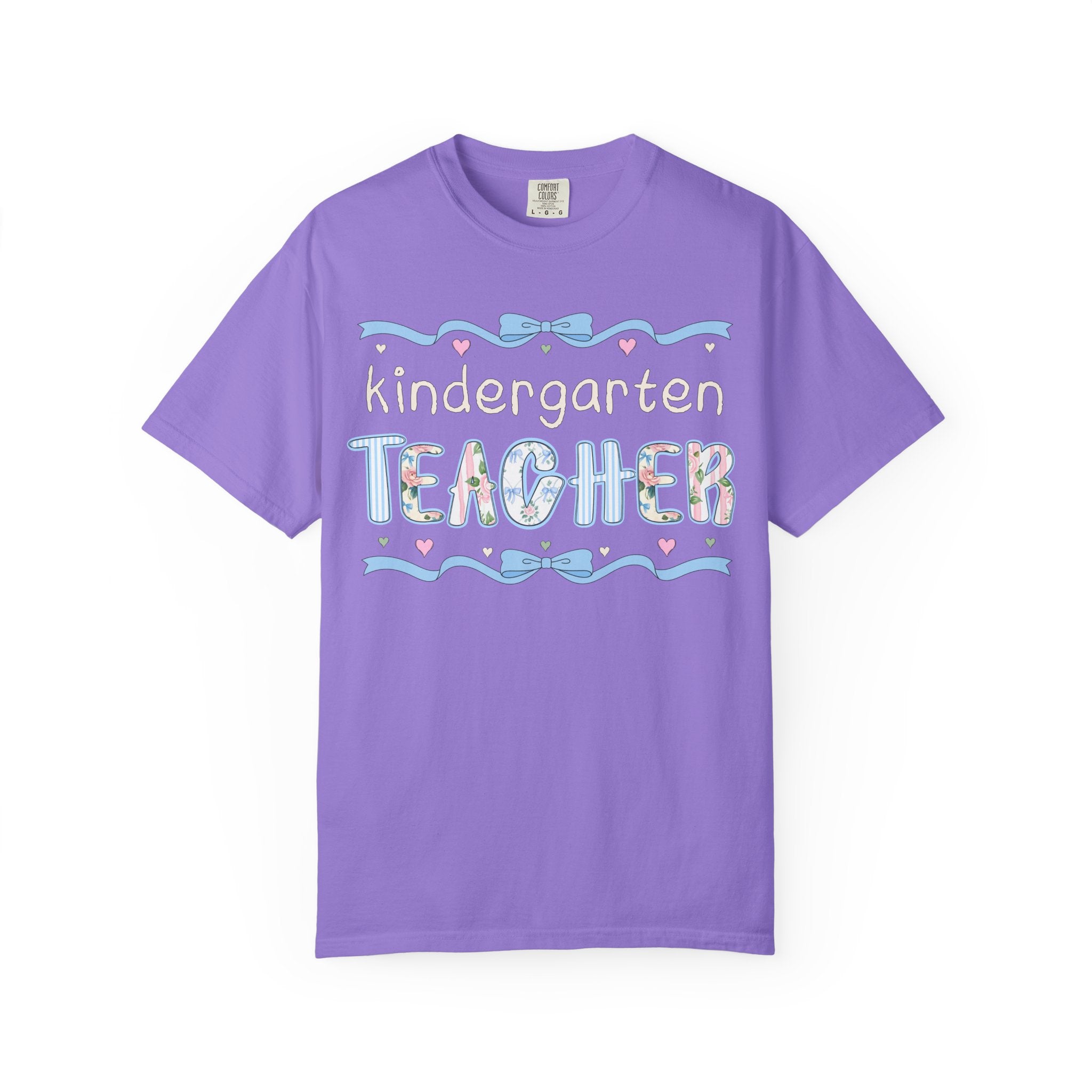 Kindergarten Teacher Tee Shirt for Back to School, Cute First Day of School Teacher T-Shirt with Bow, Boho 90s Aesthetic Teacher Team Tee - Opal and June