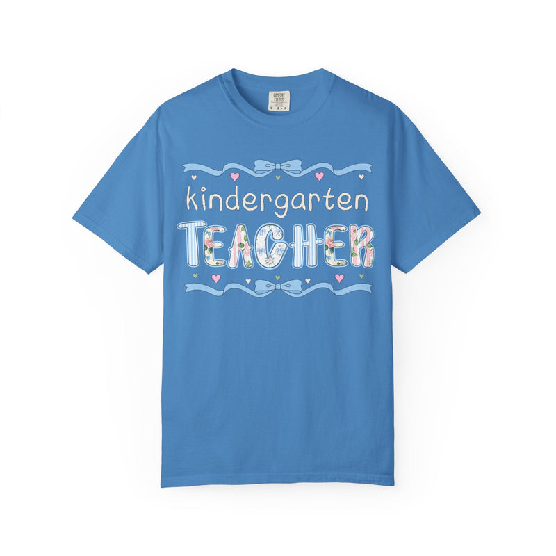 Kindergarten Teacher Tee Shirt for Back to School, Cute First Day of School Teacher T-Shirt with Bow, Boho 90s Aesthetic Teacher Team Tee - Opal and June