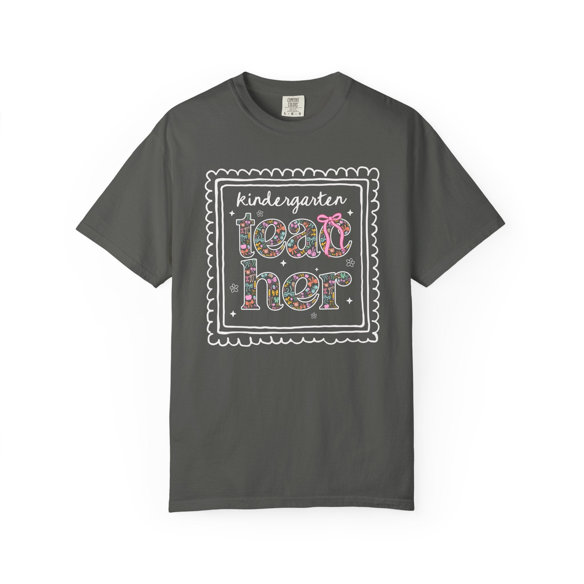 Kindergarten Teacher Tee Shirt for Back to School, Cute Floral Matching Kindergarten Crew T-Shirt with Bow, Cute Nineties Aesthetic Doodles - Opal and June