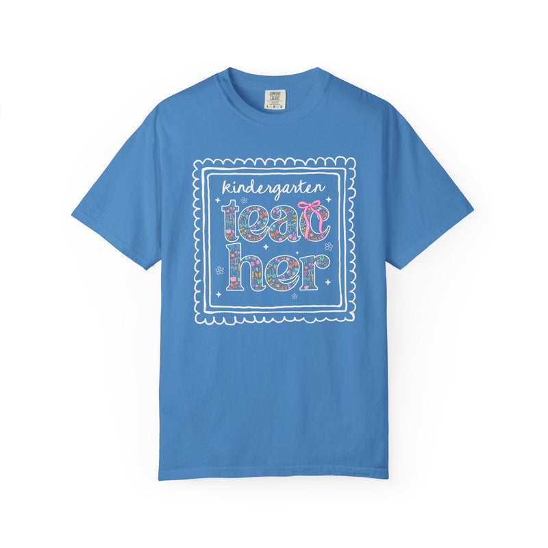 Kindergarten Teacher Tee Shirt for Back to School, Cute Floral Matching Kindergarten Crew T-Shirt with Bow, Cute Nineties Aesthetic Doodles - Opal and June