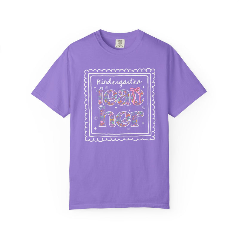 Kindergarten Teacher Tee Shirt for Back to School, Cute Floral Matching Kindergarten Crew T-Shirt with Bow, Cute Nineties Aesthetic Doodles - Opal and June