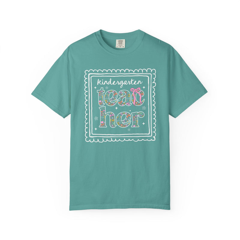 Kindergarten Teacher Tee Shirt for Back to School, Cute Floral Matching Kindergarten Crew T-Shirt with Bow, Cute Nineties Aesthetic Doodles - Opal and June