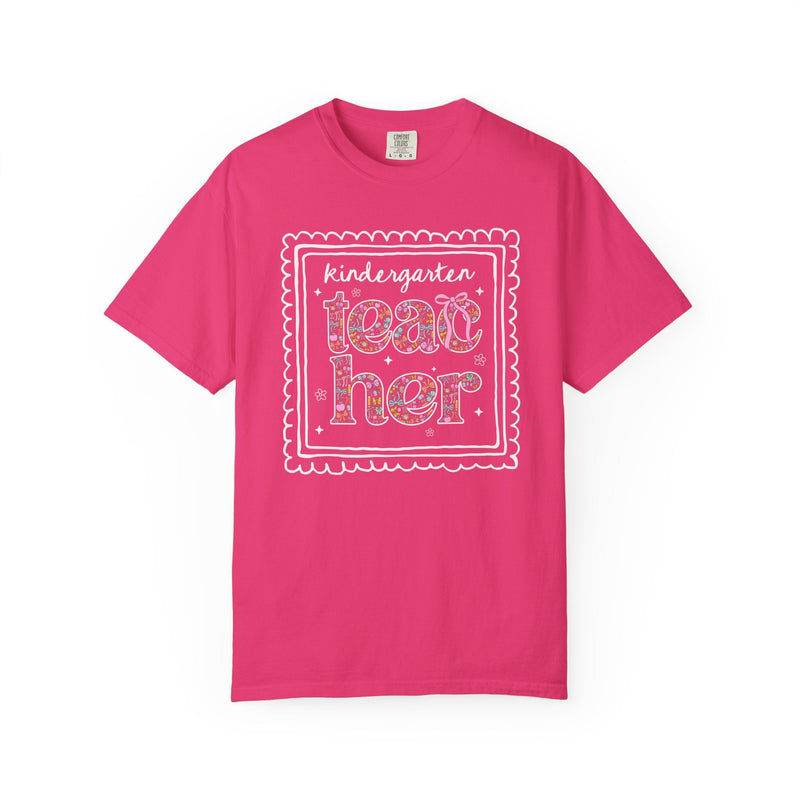 Kindergarten Teacher Tee Shirt for Back to School, Cute Floral Matching Kindergarten Crew T-Shirt with Bow, Cute Nineties Aesthetic Doodles - Opal and June