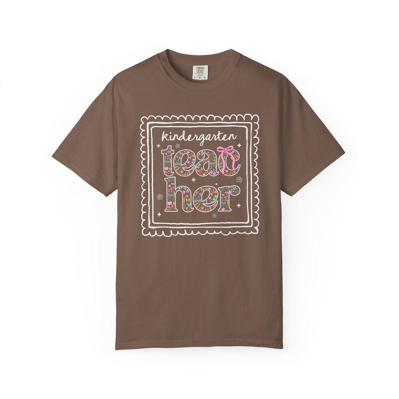 Kindergarten Teacher Tee Shirt for Back to School, Cute Floral Matching Kindergarten Crew T-Shirt with Bow, Cute Nineties Aesthetic Doodles - Opal and June