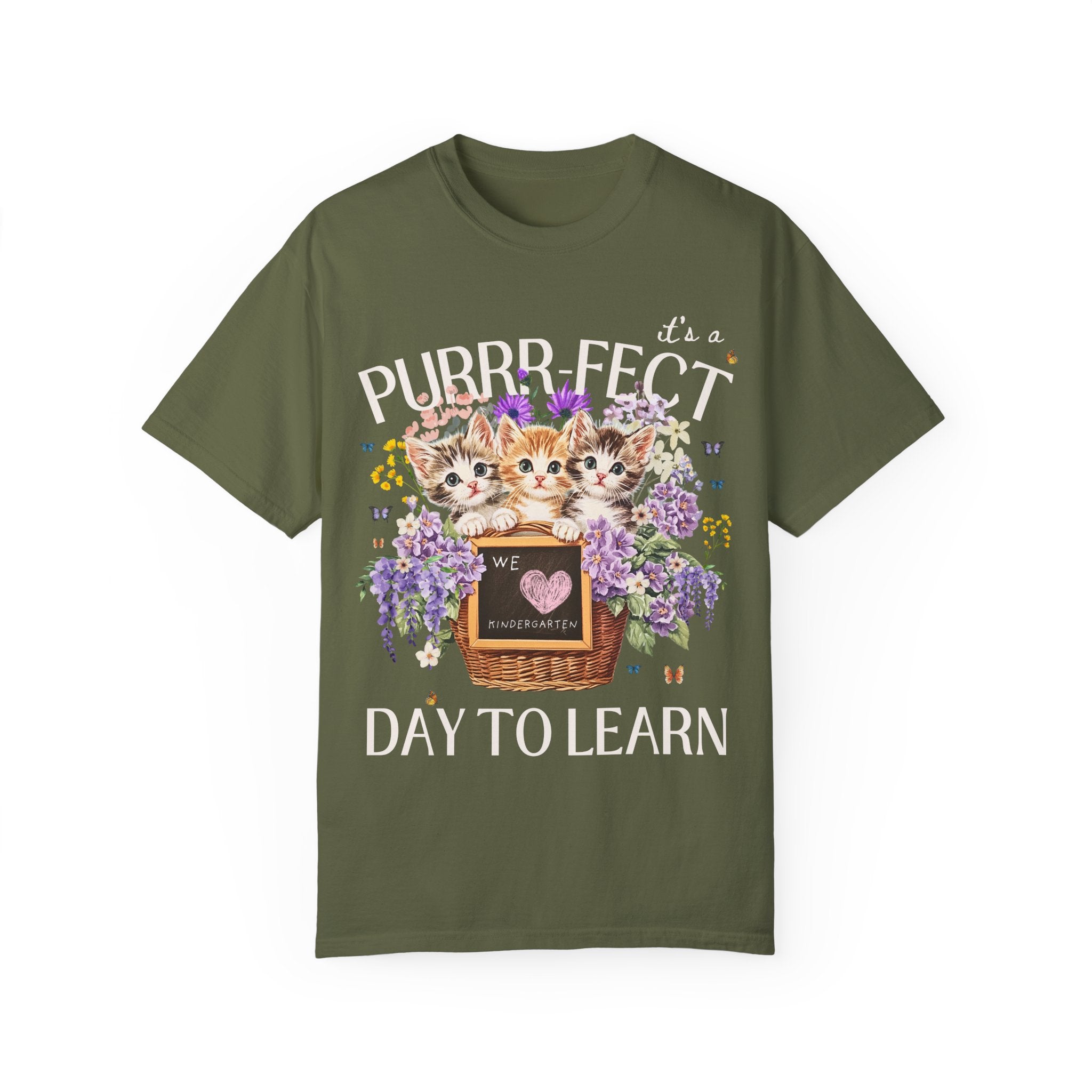 Kindergarten Teacher Tee Shirt for Kindergarten Crew Who Loves Cats: Purrr - fect Day to Learn, 90s Throwback Colorful Maximalist Animal Tee - Opal and June