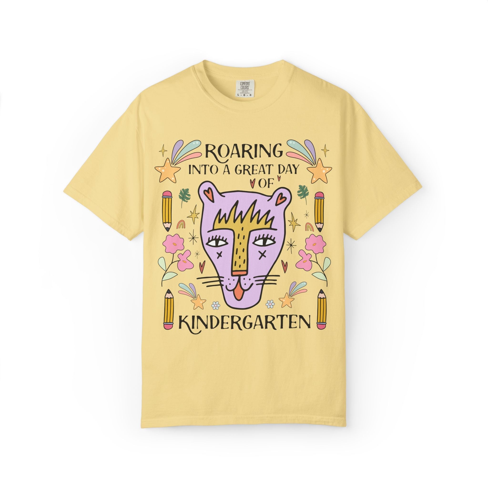 Kindergarten Teacher Tee Shirt: Roaring Into a Great Day of Kindergarten | Cute Matching Teacher or Paraprofessional Tee with Pencils - Opal and June