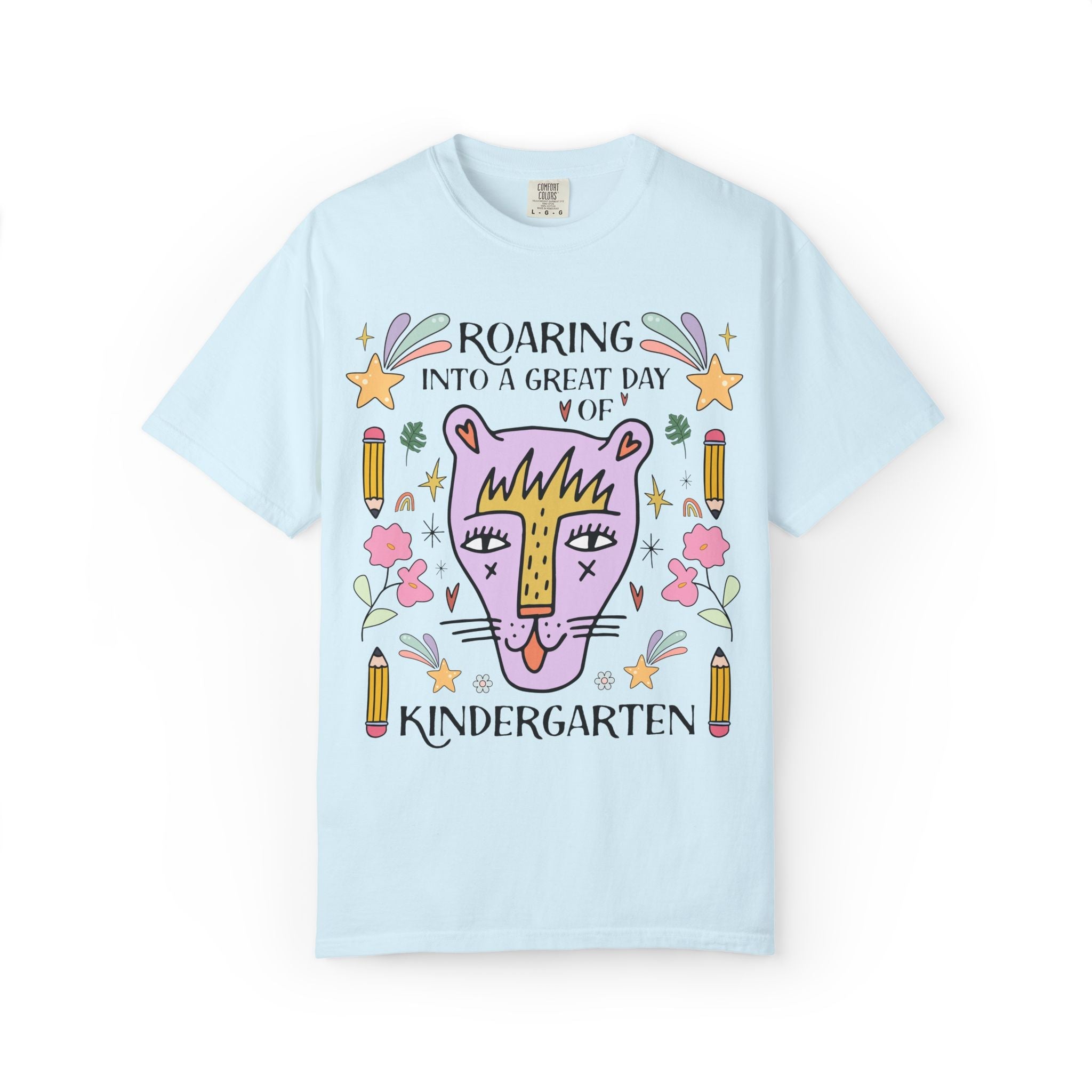 Kindergarten Teacher Tee Shirt: Roaring Into a Great Day of Kindergarten | Cute Matching Teacher or Paraprofessional Tee with Pencils - Opal and June