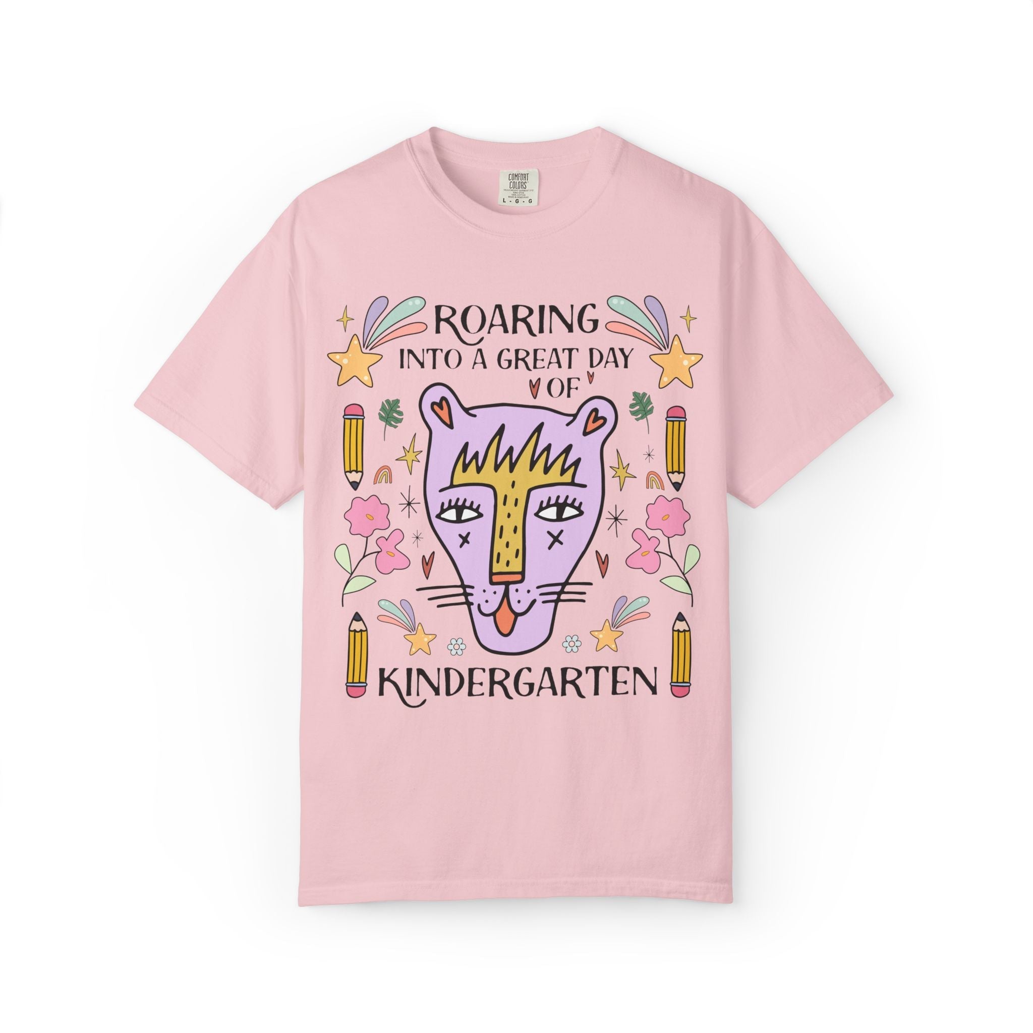 Kindergarten Teacher Tee Shirt: Roaring Into a Great Day of Kindergarten | Cute Matching Teacher or Paraprofessional Tee with Pencils - Opal and June