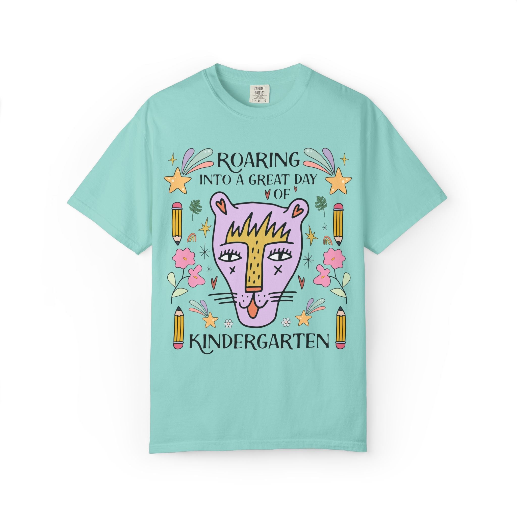 Kindergarten Teacher Tee Shirt: Roaring Into a Great Day of Kindergarten | Cute Matching Teacher or Paraprofessional Tee with Pencils - Opal and June