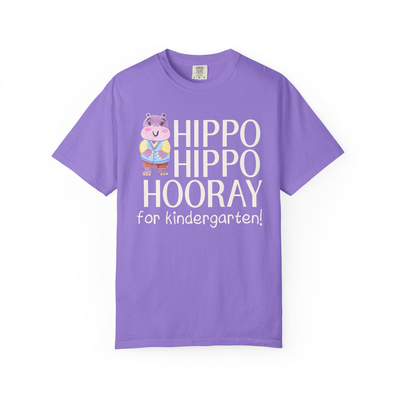 Kindergarten Teacher Tee Shirt with Adorable Retro Hippo, Funny Back to School Teacher Team T-Shirt for Animal Lover, New Teacher Gift - Opal and June
