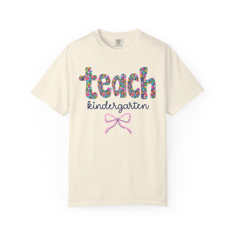 Kindergarten Teacher Tee Shirt with Colorful Flowers and Bow, Teacher Team Tee for Back to School, New Teacher Gift, Teacher Appreciation - Opal and June